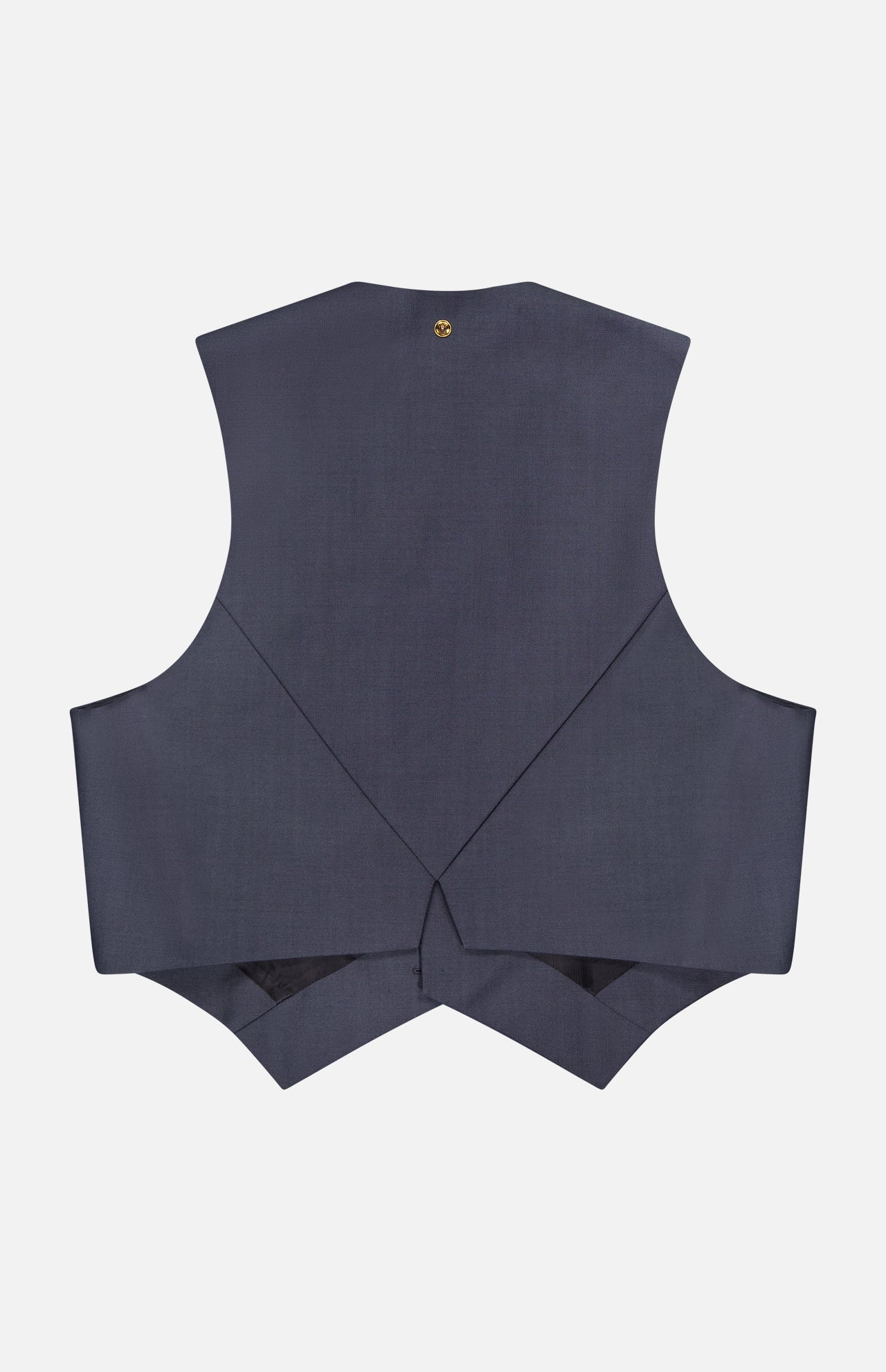 The VERSACE Light Weight Wool Mohair Vest is shown from the back, featuring a pointed hem, fitted seams, and an adjustable waist strap—an elegant piece of Italian menswear against a white background.