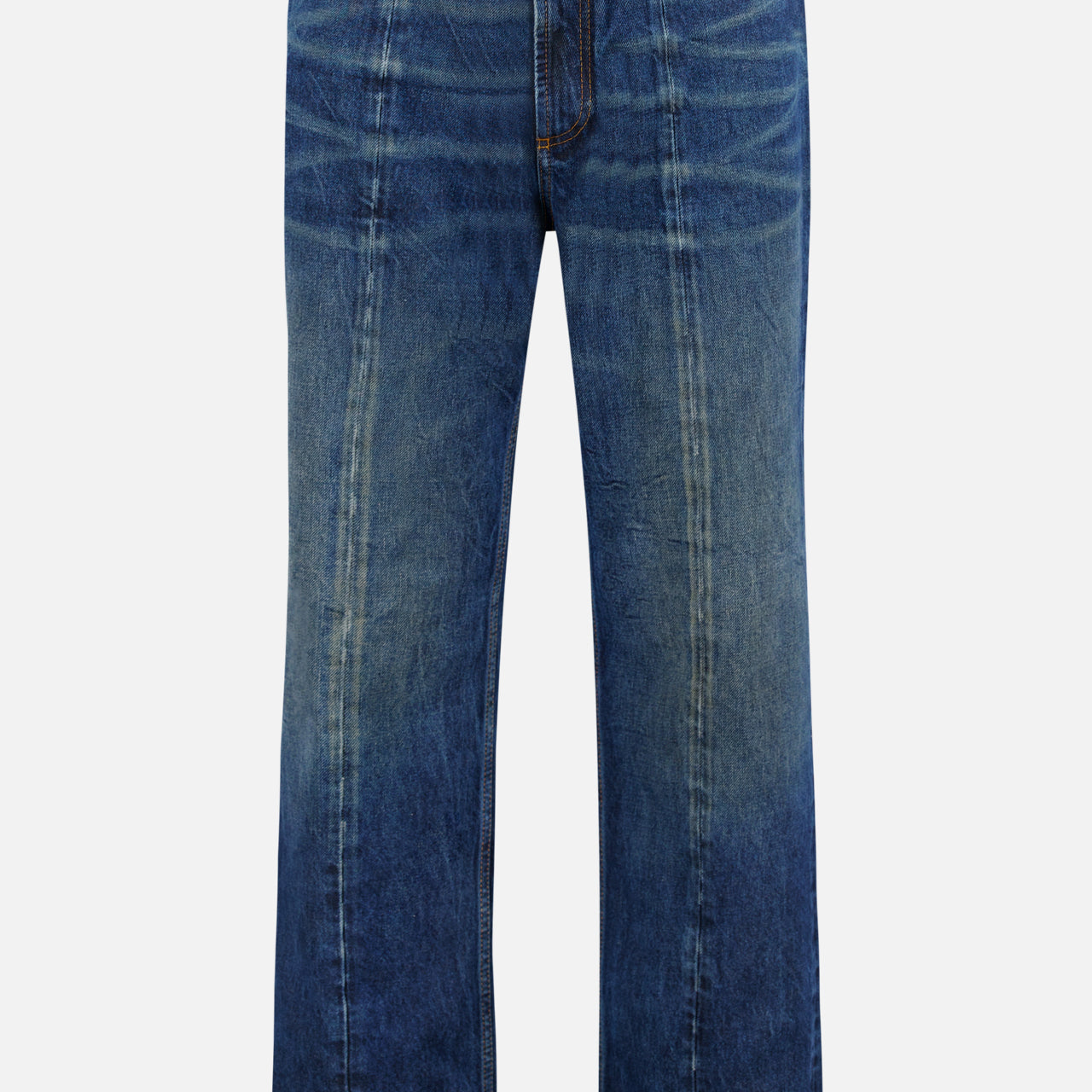 The VERSACE Non-Stretch Dirty Wash Jeans in Dirty Blue feature a straight-leg fit, button and zip closure, front and back pockets, visible leg seams, and a vintage-inspired faded finish.
