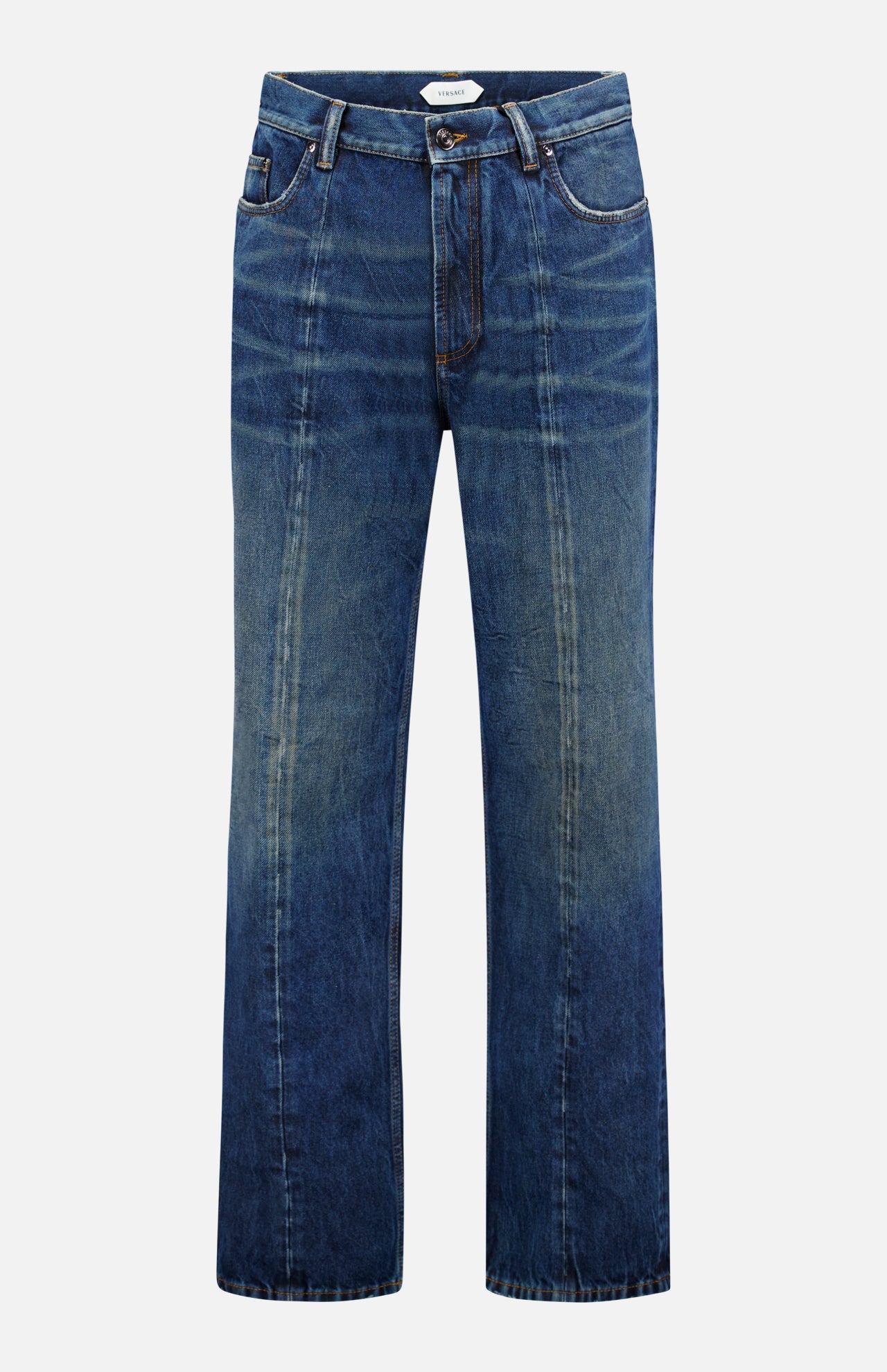 The VERSACE Non-Stretch Dirty Wash Jeans in Dirty Blue feature a straight-leg fit, button and zip closure, front and back pockets, visible leg seams, and a vintage-inspired faded finish.