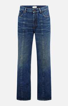 The VERSACE Non-Stretch Dirty Wash Jeans in Dirty Blue feature a straight-leg fit, button and zip closure, front and back pockets, visible leg seams, and a vintage-inspired faded finish.