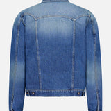 The VERSACE Rigid Stone Washed Denim Jacket features a classic blue wash, long sleeves, a collar, and buttoned cuffs and hem, with subtle fading and signature Medusa hardware for an iconic Italian luxury finish.