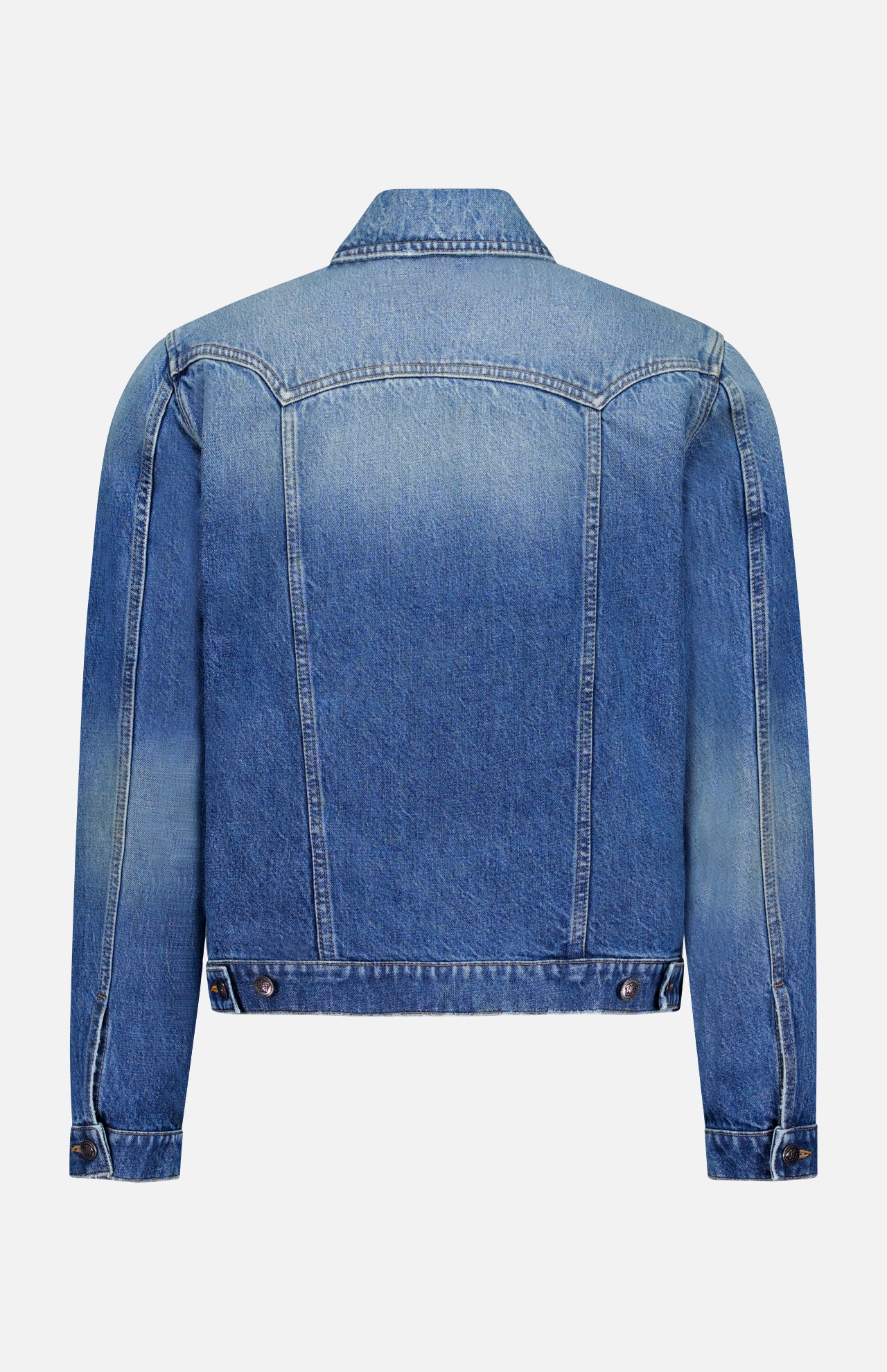The VERSACE Rigid Stone Washed Denim Jacket features a classic blue wash, long sleeves, a collar, and buttoned cuffs and hem, with subtle fading and signature Medusa hardware for an iconic Italian luxury finish.