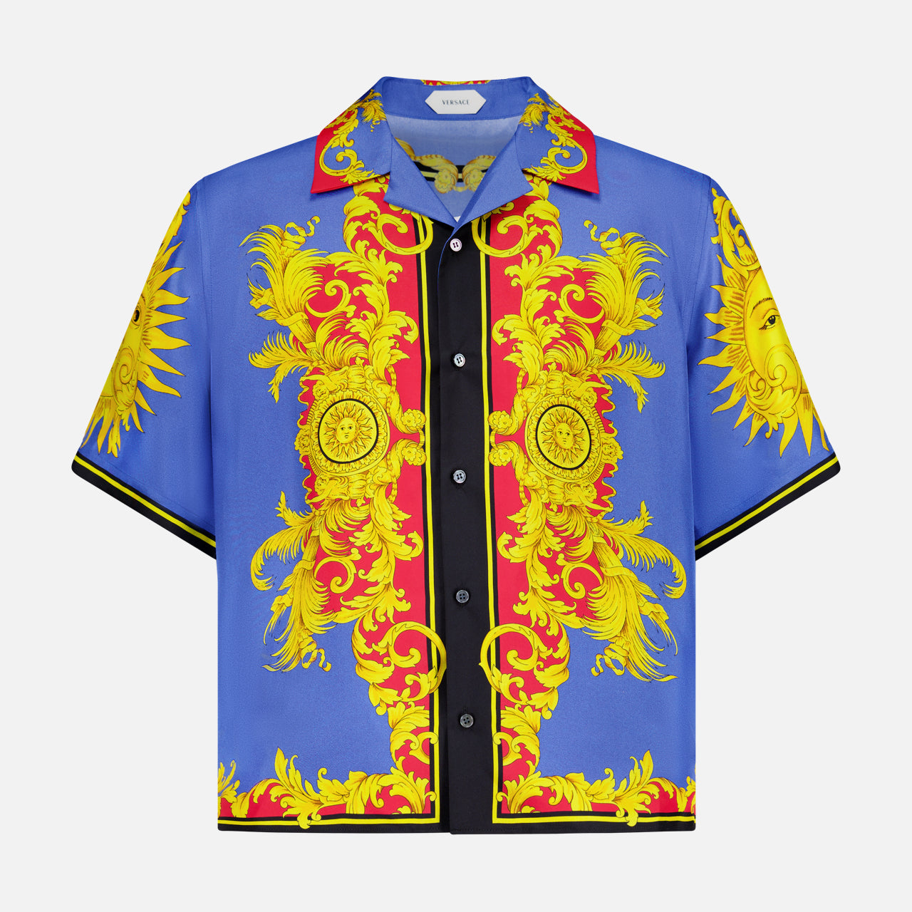 The VERSACE Silk Twill Print The Sun Shirt features short sleeves, a vibrant blue Baroque print with sun motifs, and black and red accents—luxury Italian menswear in a statement-making design.