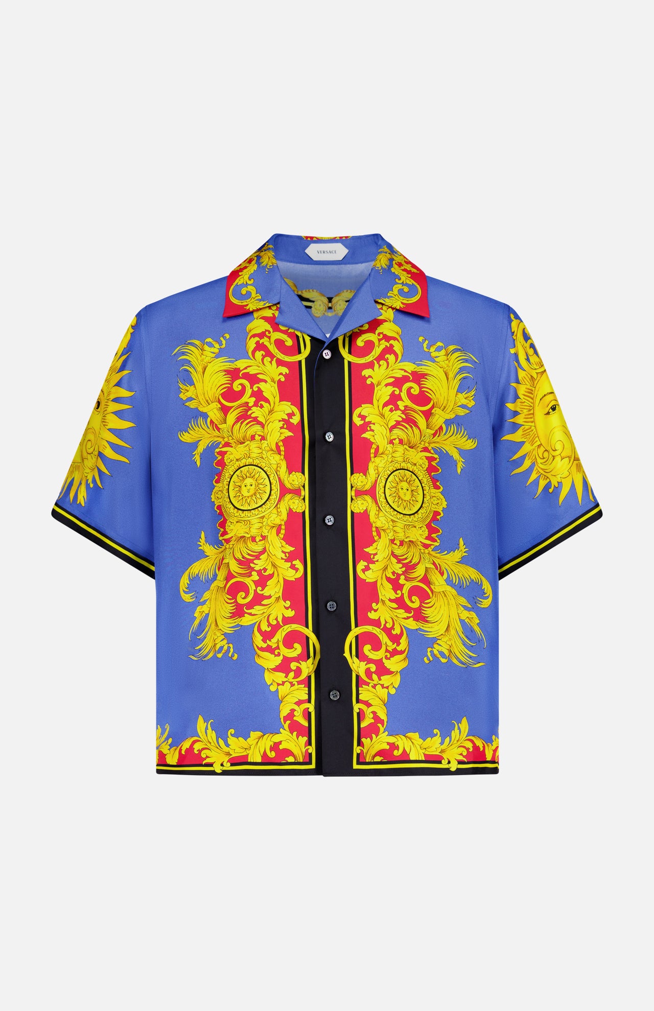 The VERSACE Silk Twill Print The Sun Shirt features short sleeves, a vibrant blue Baroque print with sun motifs, and black and red accents—luxury Italian menswear in a statement-making design.