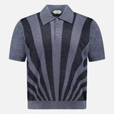Introducing the Sweater Rays Intarsia Knit Polo by VERSACE—a short-sleeved, button-up wool polo in gray shades, featuring a striking black sunburst pattern, classic collar, and three-button placket for distinct Italian luxury style.