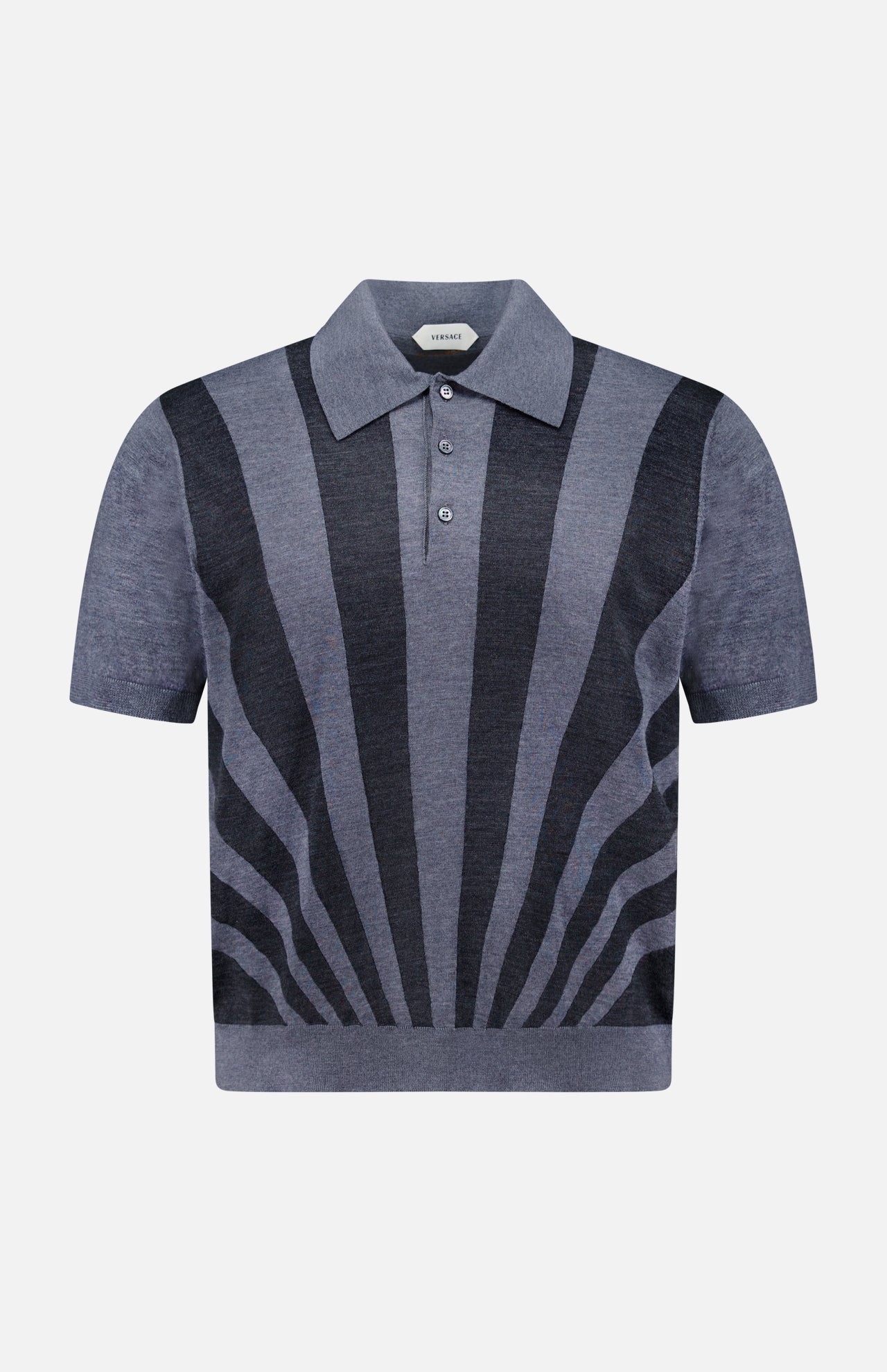 Introducing the Sweater Rays Intarsia Knit Polo by VERSACE—a short-sleeved, button-up wool polo in gray shades, featuring a striking black sunburst pattern, classic collar, and three-button placket for distinct Italian luxury style.