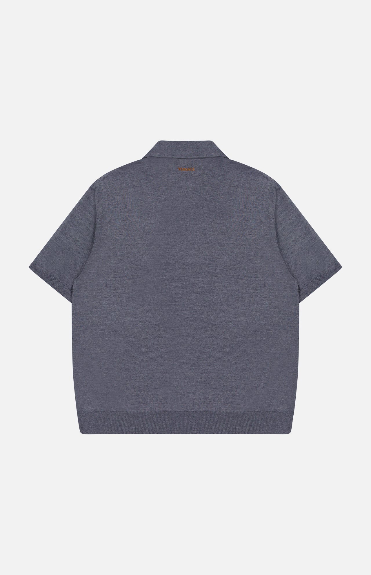 A back view of the VERSACE Sweater Rays Intarsia Knit Polo, a short-sleeved, collared dark gray wool-knit with a straight hem, showcased against a white background—a refined statement in luxury Italian menswear.