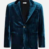Introducing the VERSACE Viscose Silk Liquid Velvet Evening Jacket—a men’s luxury blazer crafted in sumptuous teal velvet, featuring a single-button closure, notched lapels, and front pockets. This sophisticated piece evokes the hallmark elegance of a classic Versace evening jacket and is showcased against a crisp white background.