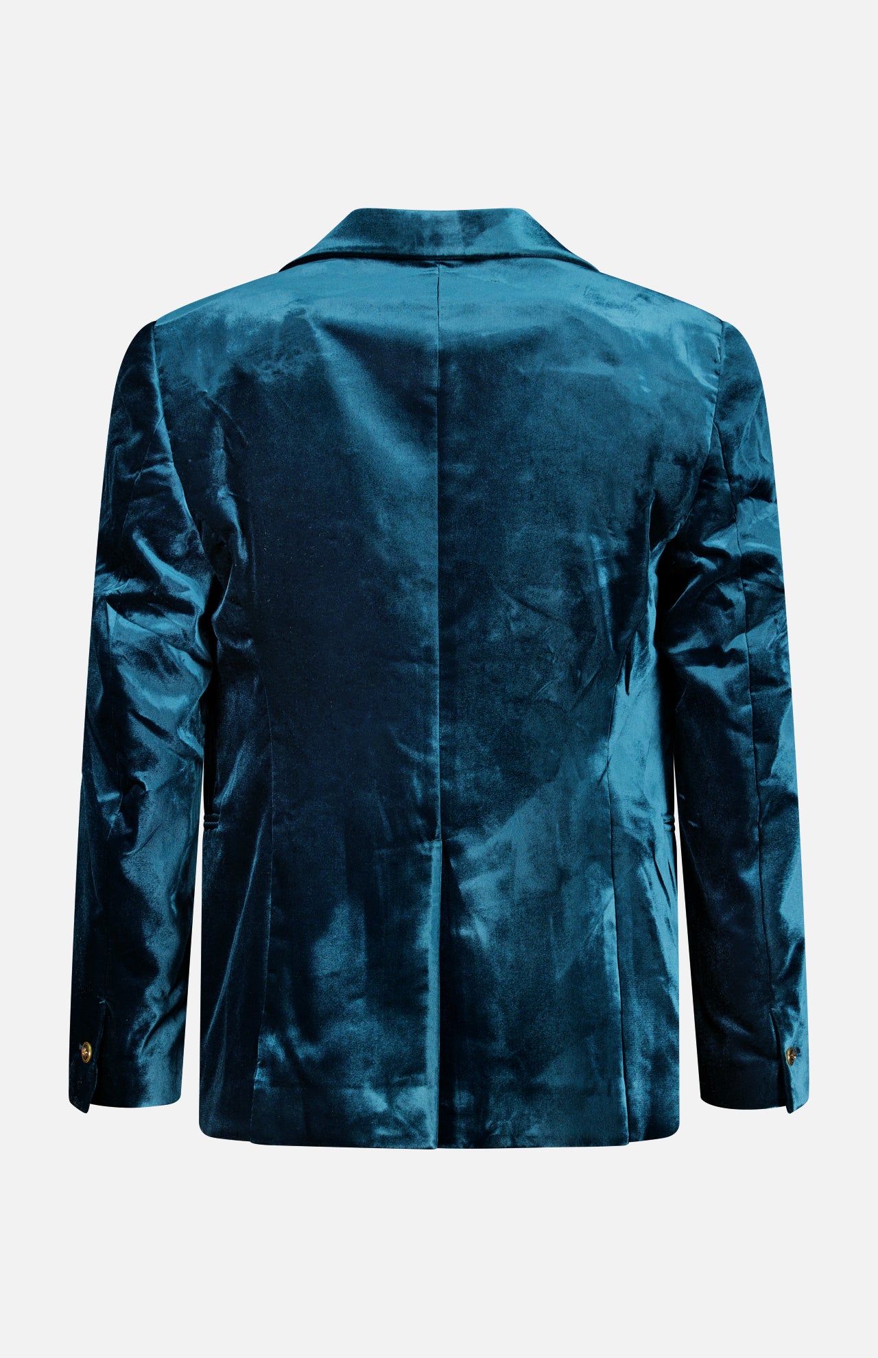 A teal VERSACE Viscose Silk Liquid Velvet Evening Jacket is shown from the back, featuring a smooth, slightly shiny texture and long sleeves with buttoned cuffs. This men’s luxury blazer captures the sophistication of Versace eveningwear through its refined detailing and opulent liquid velvet finish.