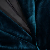 Close-up of the VERSACE Viscose Silk Liquid Velvet Evening Jacket for men in dark green, showcasing a gold decorative button that accentuates the luxurious liquid velvet texture, with a hint of the sleek black inner lining—evoking the refined elegance characteristic of Versace eveningwear.