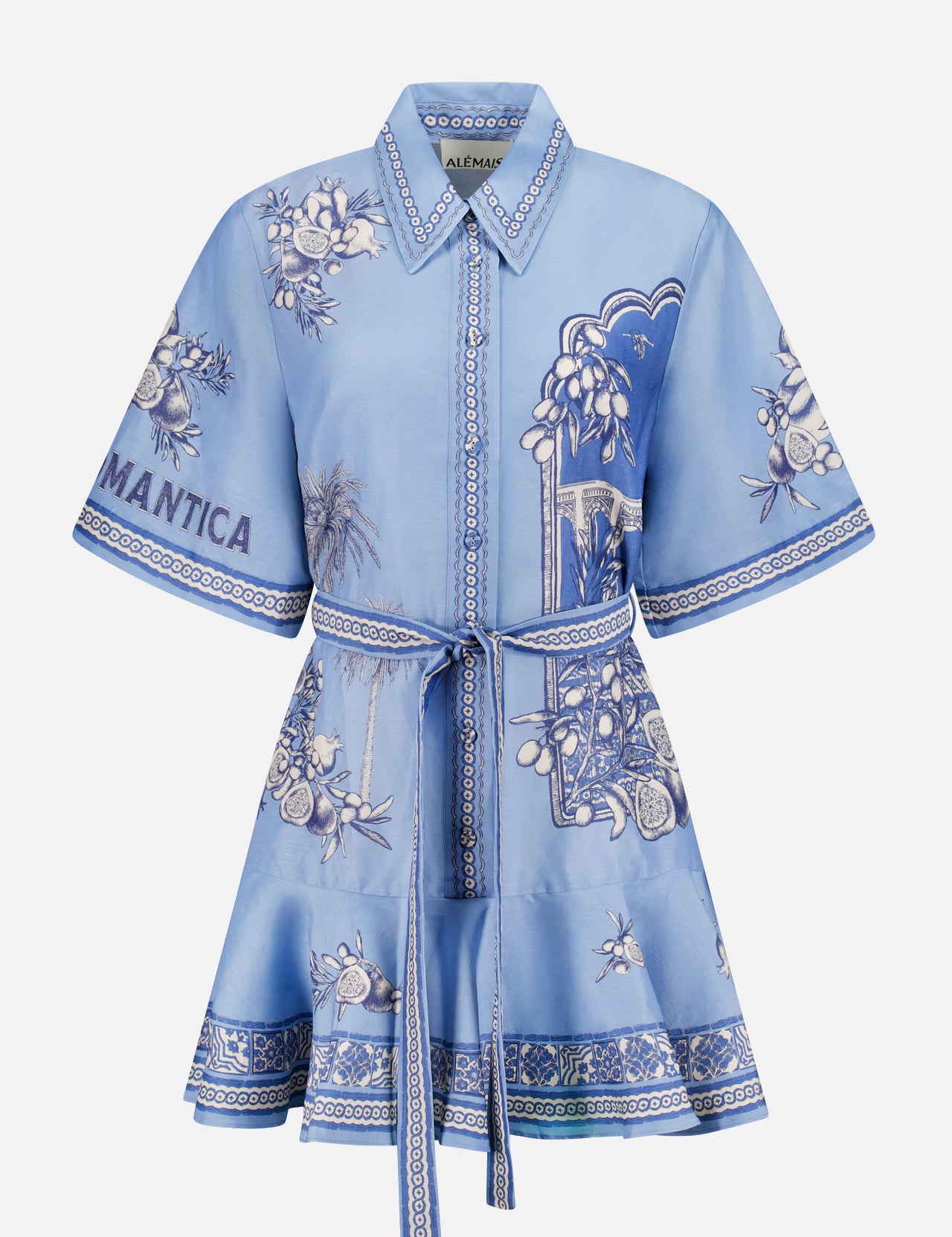 The ALEMAIS Villa Romantica Mini Dress features short sleeves, light blue fabric with white floral prints, a button-down front, collar, matching belt, and ROMANTICA embroidered on the left sleeve—perfect for a charming vacation look.