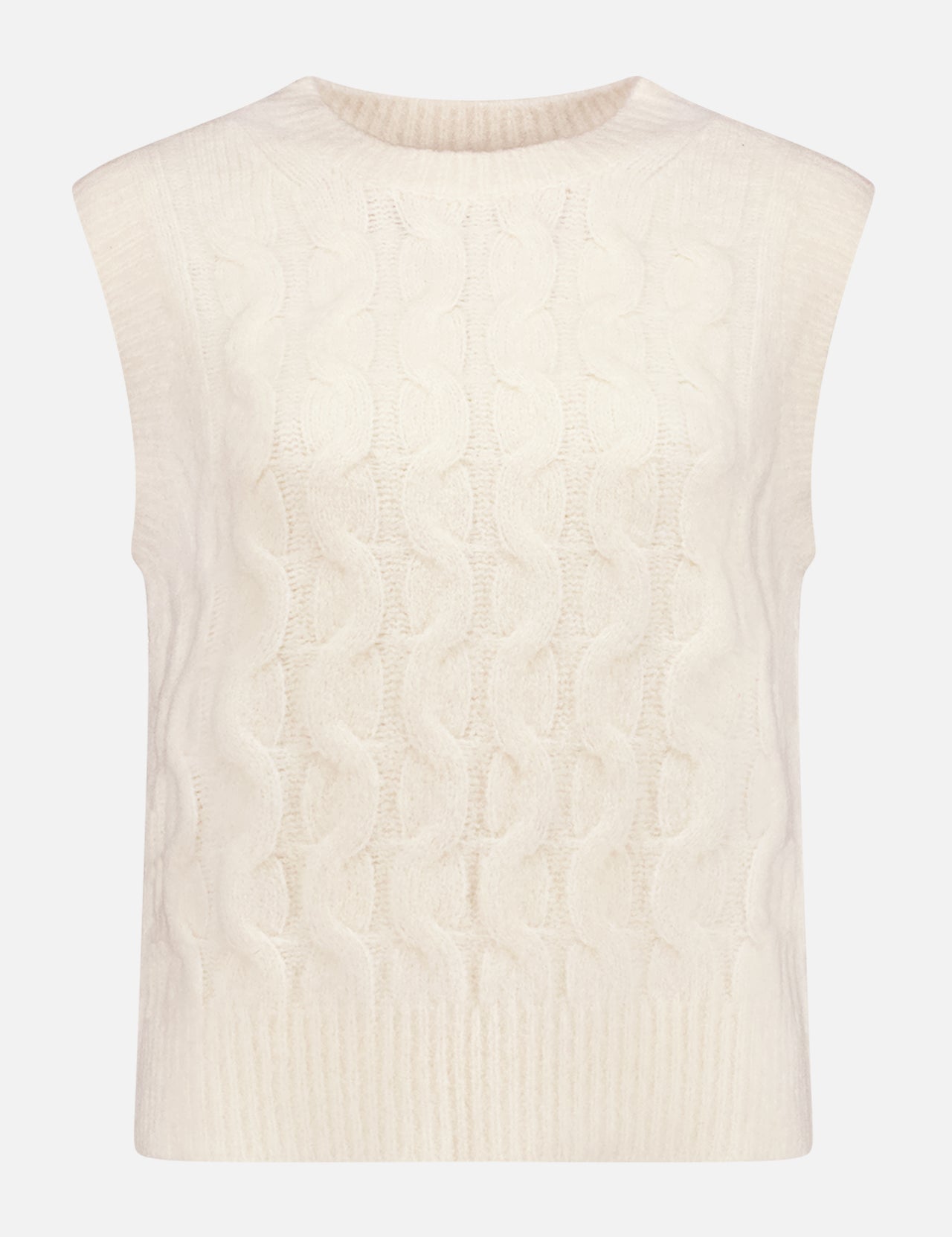The WHITE + WARREN Boucle Cashmere Blend Cable Vest is a sleeveless, ivory cable knit sweater vest with a round neckline and ribbed hem, shown against a plain white background.