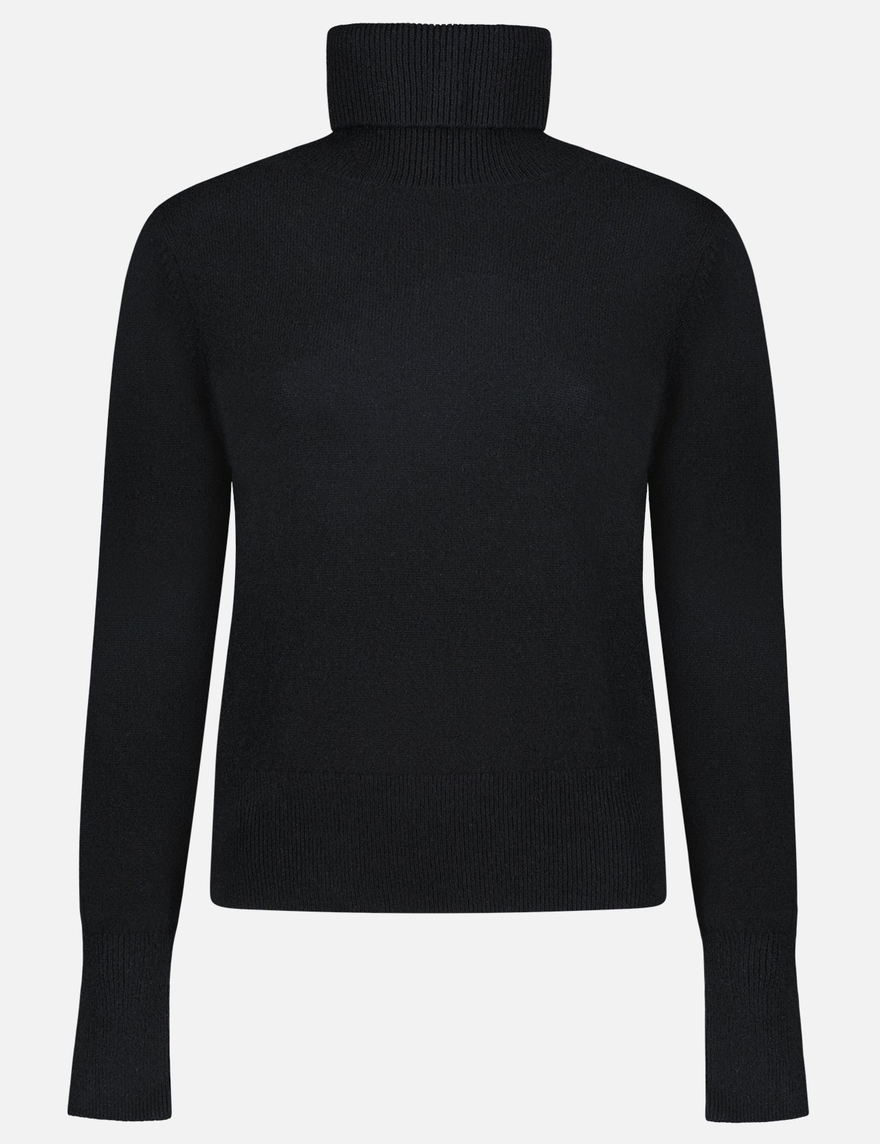 The WHITE + WARREN Cashmere Essential Turtleneck is a classic black sweater with long sleeves, ribbed high neck, cuffs, and hem, offering timeless style and comfort. Shown on a white background.