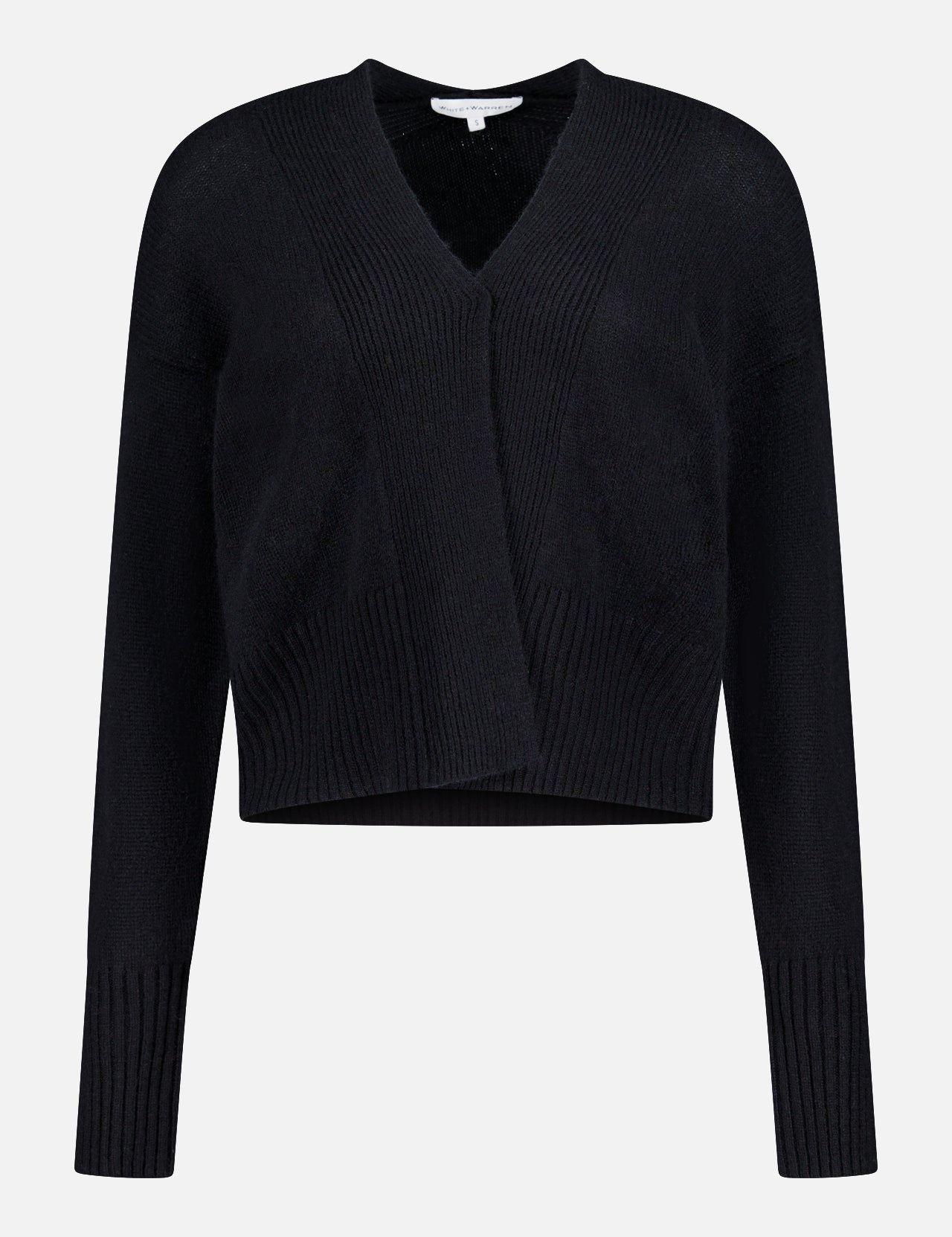 The WHITE + WARREN Cashmere Open-Front Shrunken Cardigan is a black, featherweight cashmere piece with long sleeves, a V-neck, ribbed cuffs and hem, and a slightly cropped, open-front design. Photographed on a plain white background.