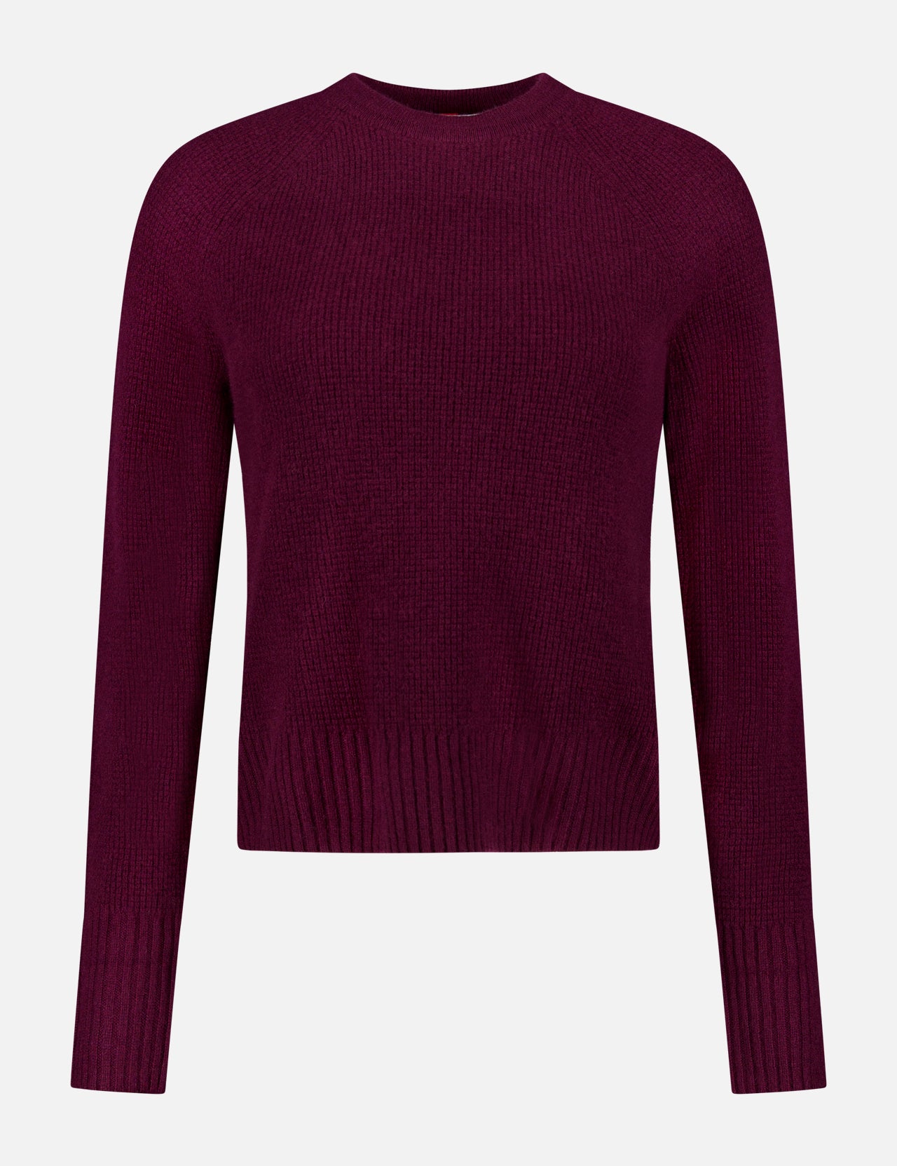 The WHITE + WARREN Cashmere Waffle Sweatshirt is a long-sleeved knit in a rich sangria hue, shown against a white background.