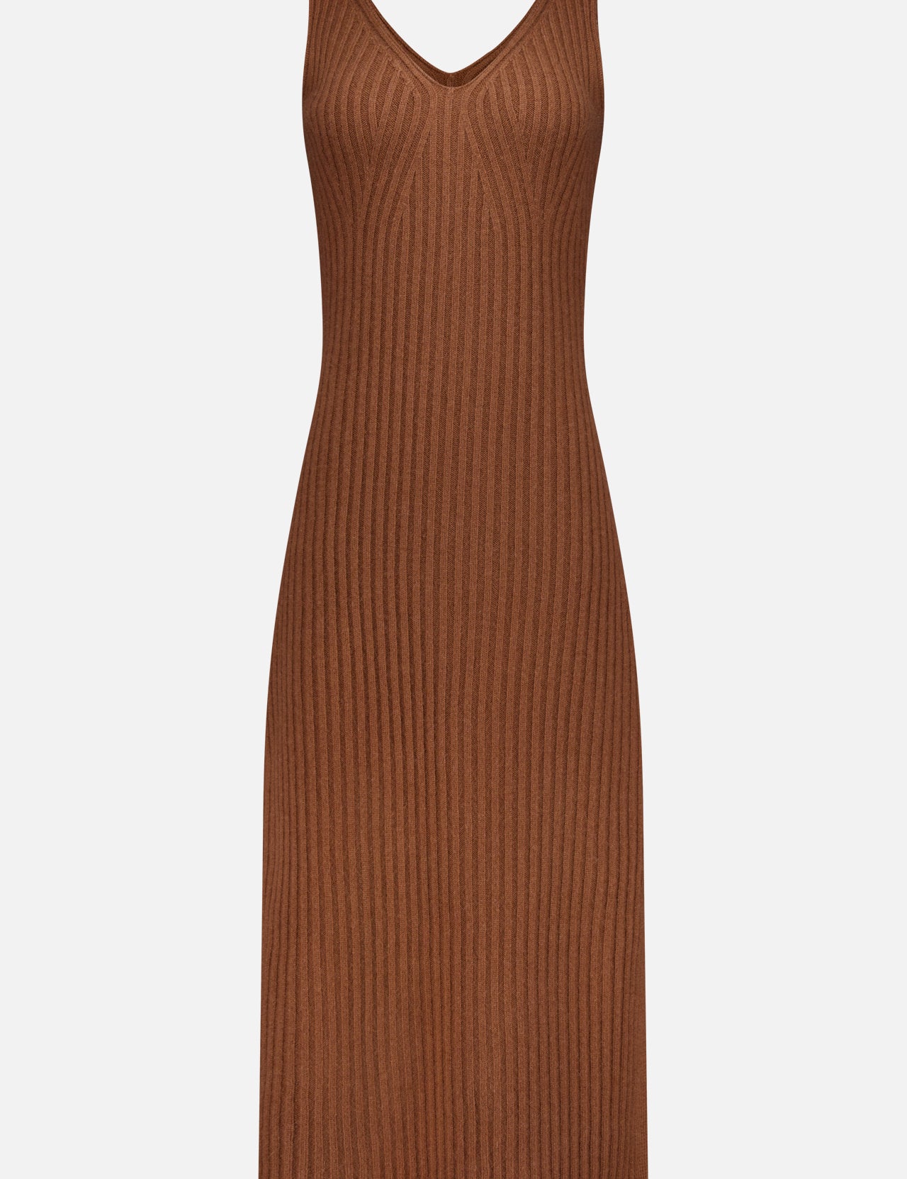 The WHITE + WARREN Cashmere Blend Ribbed Midi Dress is a sleeveless, fitted brown sweater dress with a V-neck and knee-length cut, shown against a plain white background for timeless elegance.