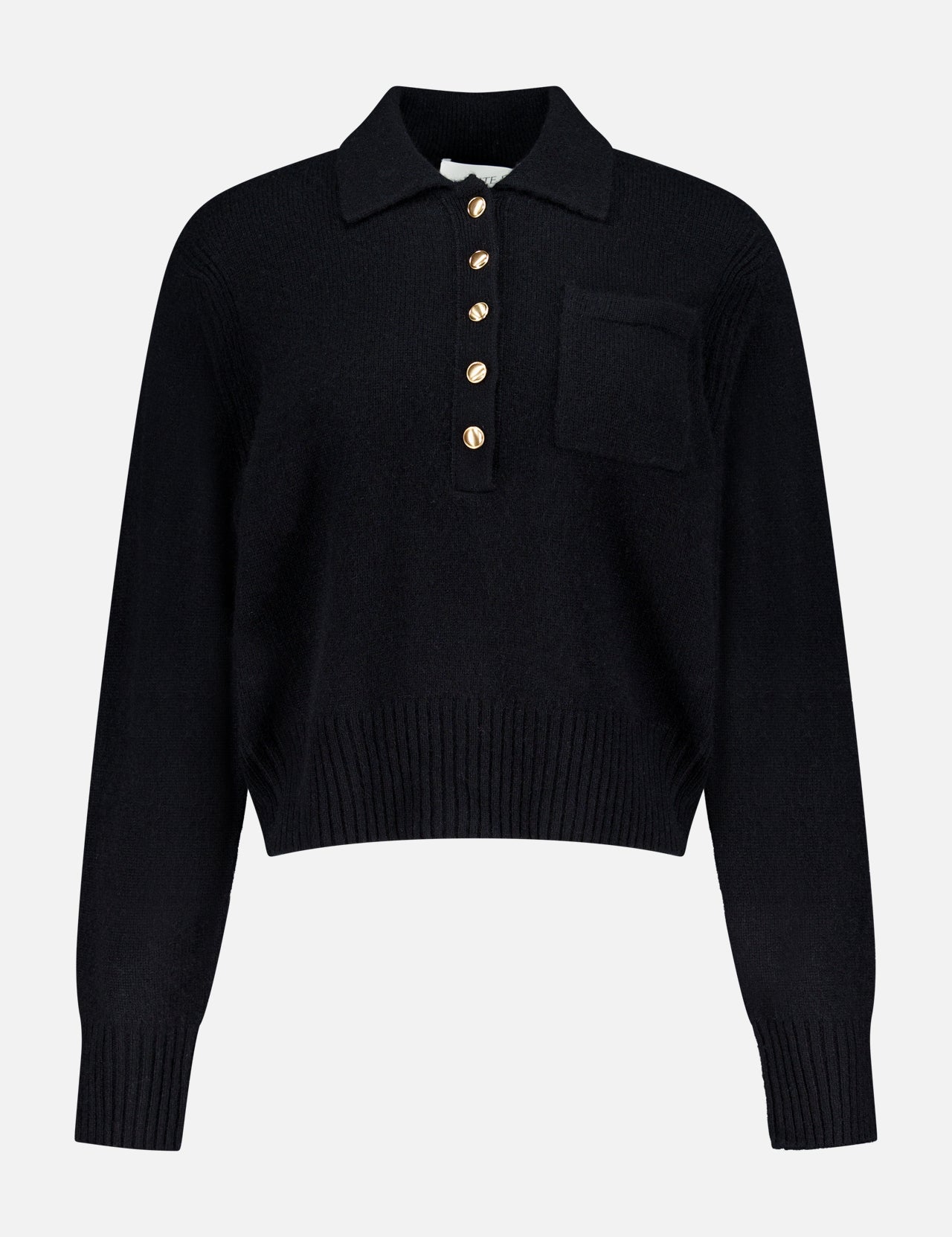 The WHITE + WARREN Cashmere Gold Button Polo Top is a black long-sleeve sweater with a collar, front pocket, five gold buttons on the placket, and ribbed cuffs and hem for a polished finish.