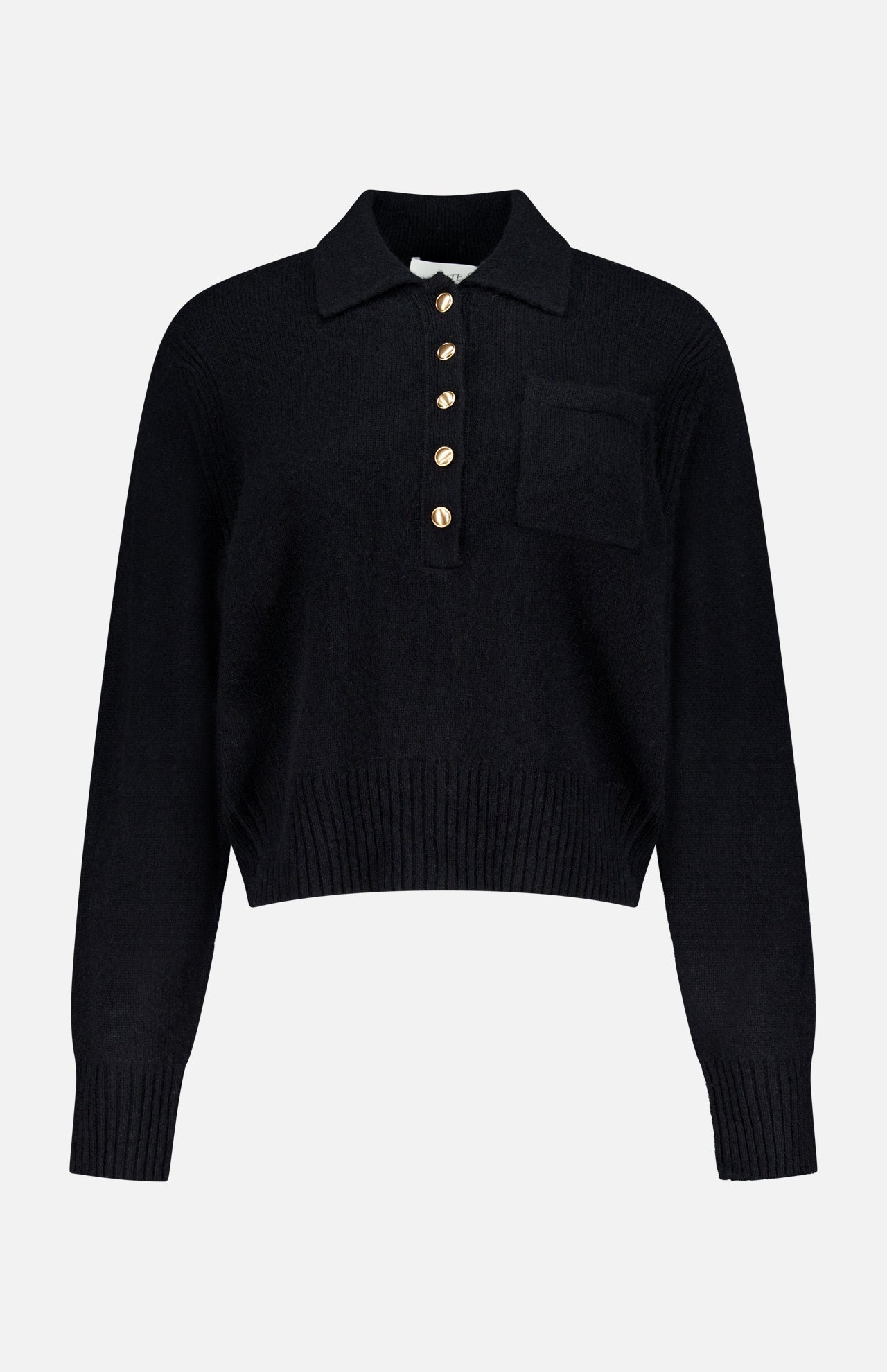 The WHITE + WARREN Cashmere Gold Button Polo Top is a black long-sleeve sweater with a collar, front pocket, five gold buttons on the placket, and ribbed cuffs and hem for a polished finish.