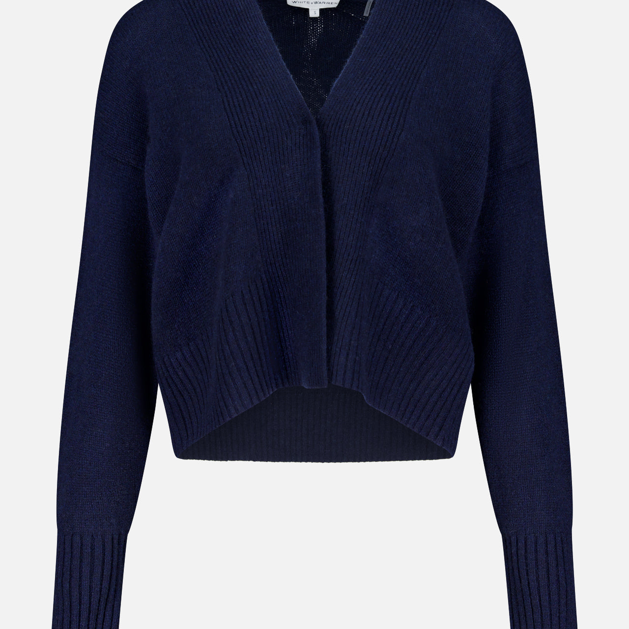 The WHITE + WARREN Cashmere Open-Front Cardigan in navy blue features long sleeves, a cropped fit, V-neck, and ribbed cuffs and hem, shown against a plain white background.