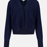 The WHITE + WARREN Cashmere Open-Front Cardigan in navy blue features long sleeves, a cropped fit, V-neck, and ribbed cuffs and hem, shown against a plain white background.