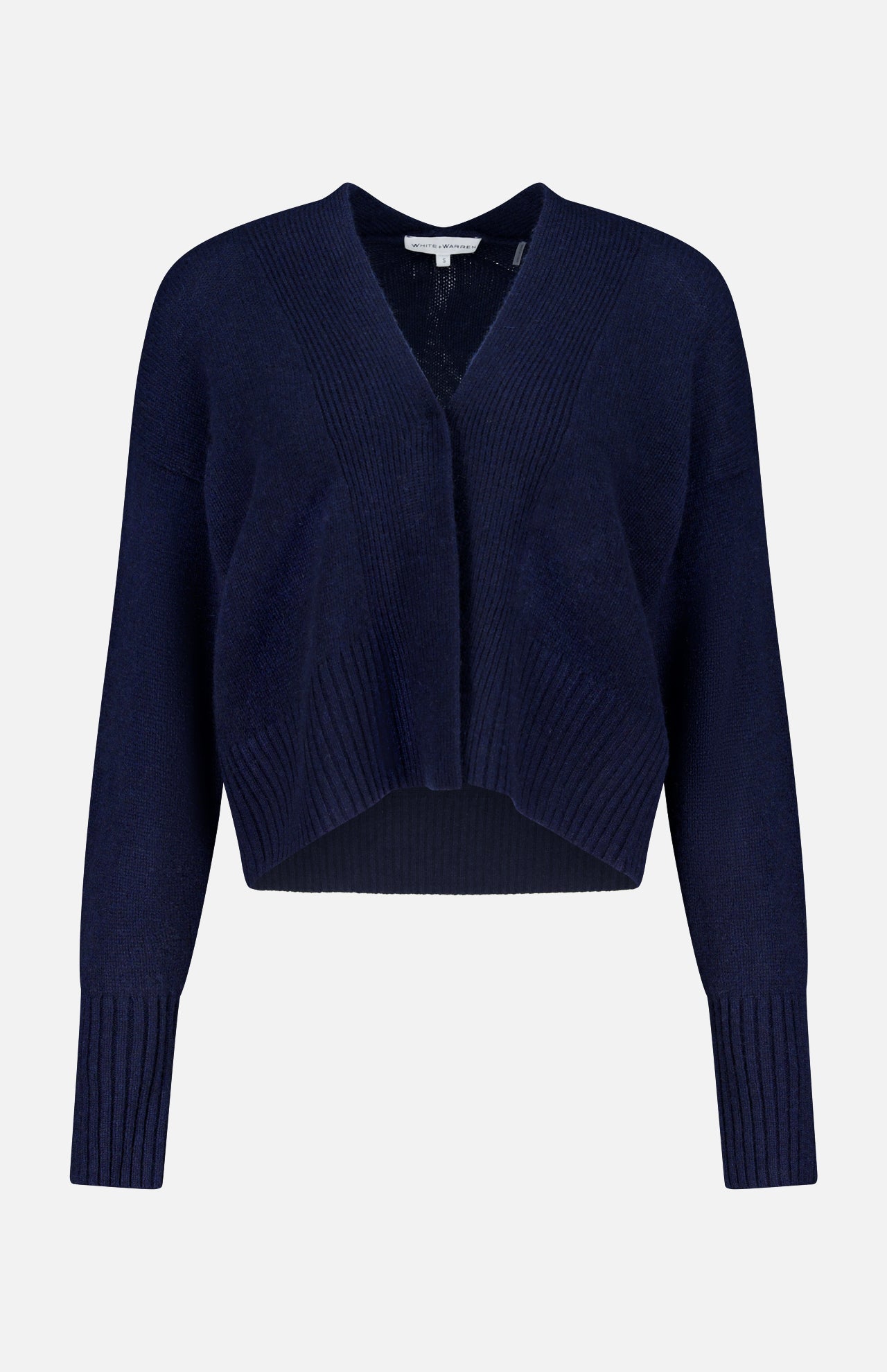 The WHITE + WARREN Cashmere Open-Front Cardigan in navy blue features long sleeves, a cropped fit, V-neck, and ribbed cuffs and hem, shown against a plain white background.