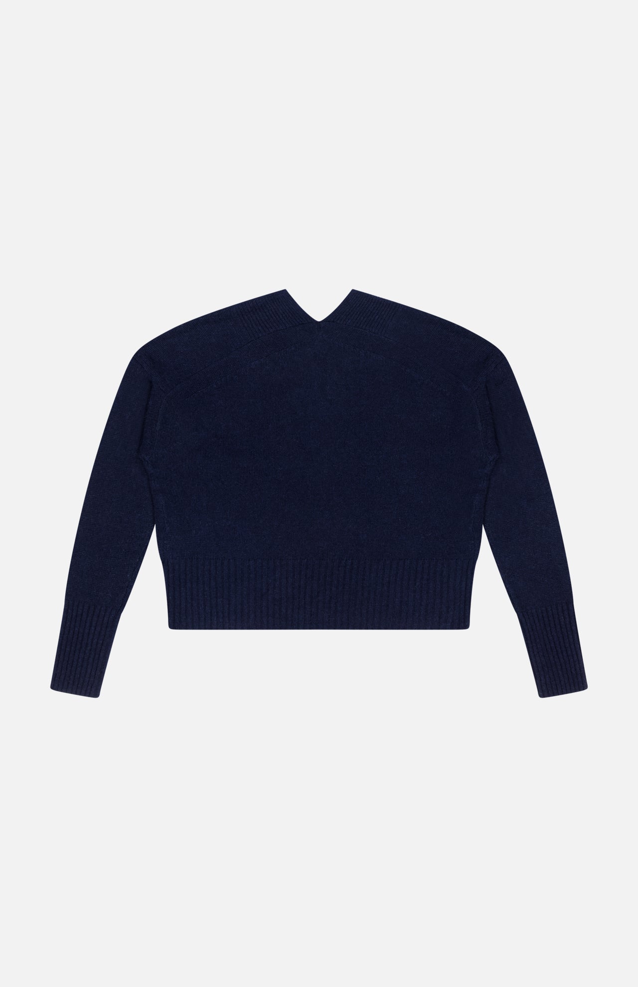 The WHITE + WARREN Cashmere Open-Front Cardigan in navy blue, featuring long sleeves and ribbed cuffs, hem, and neckline, is laid flat on a white background.