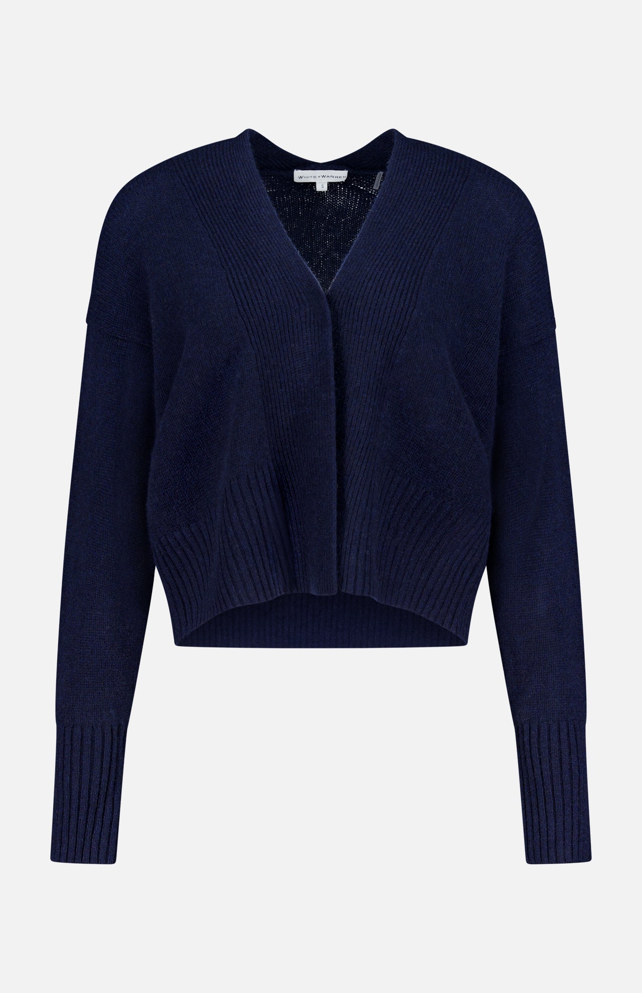 The WHITE + WARREN Cashmere Open-Front Cardigan is a navy, long-sleeve, cropped style with a V-neck and ribbed cuffs, hem, and neckline. Crafted from featherweight cashmere knit for an ultra-soft feel.