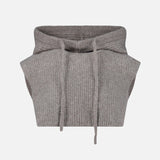 The Cashmere Blend Balaclava by WHITE + WARREN, a gray ribbed knit pullover hood accessory with drawstrings, is shown as a standalone piece against a plain white background.