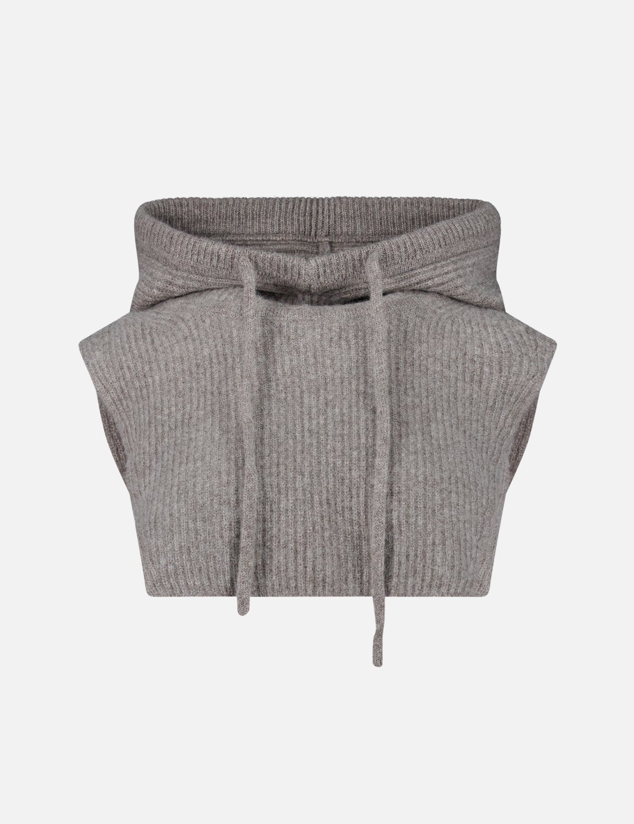 The Cashmere Blend Balaclava by WHITE + WARREN, a gray ribbed knit pullover hood accessory with drawstrings, is shown as a standalone piece against a plain white background.