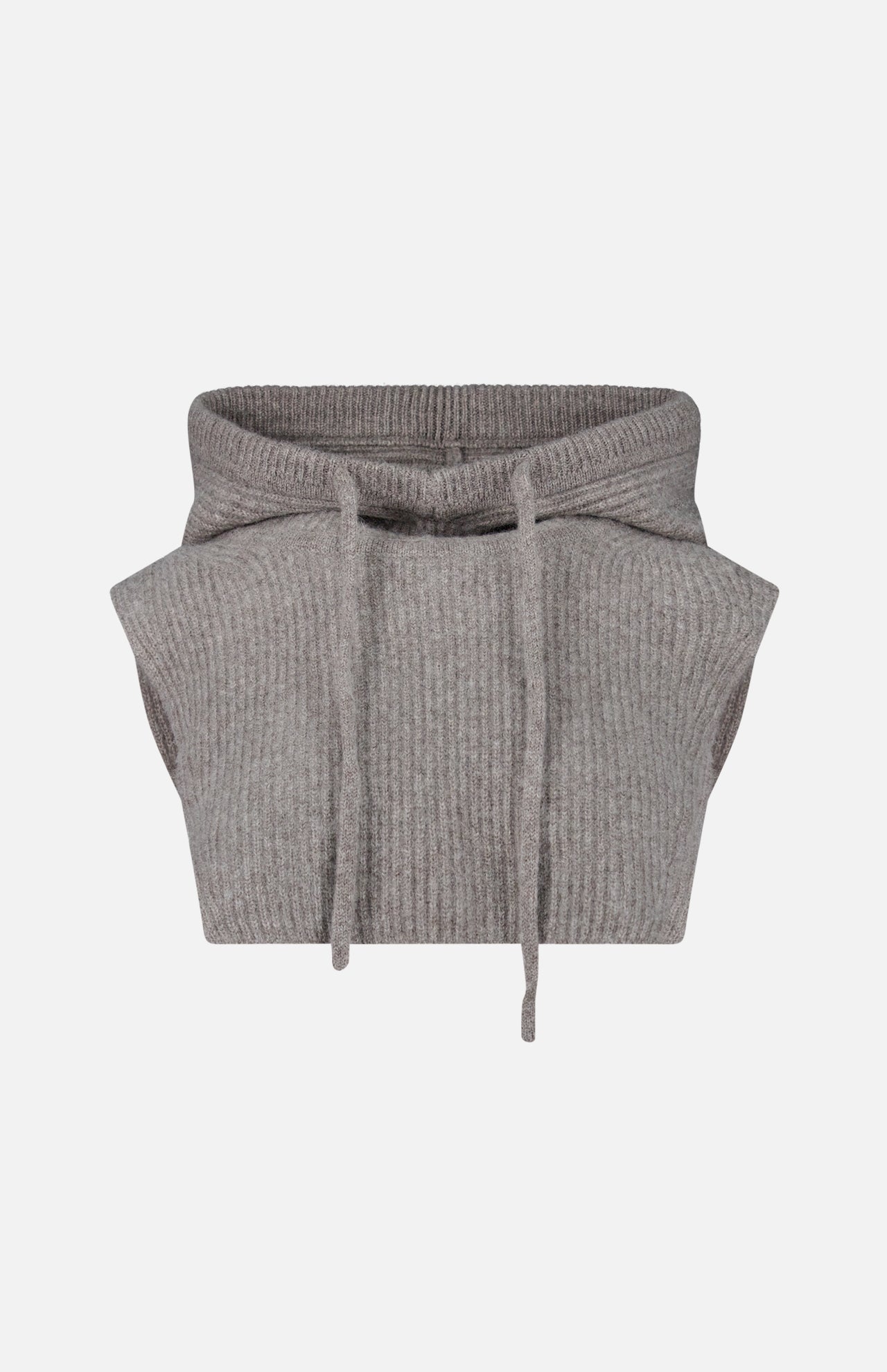 The Cashmere Blend Balaclava by WHITE + WARREN, a gray ribbed knit pullover hood accessory with drawstrings, is shown as a standalone piece against a plain white background.