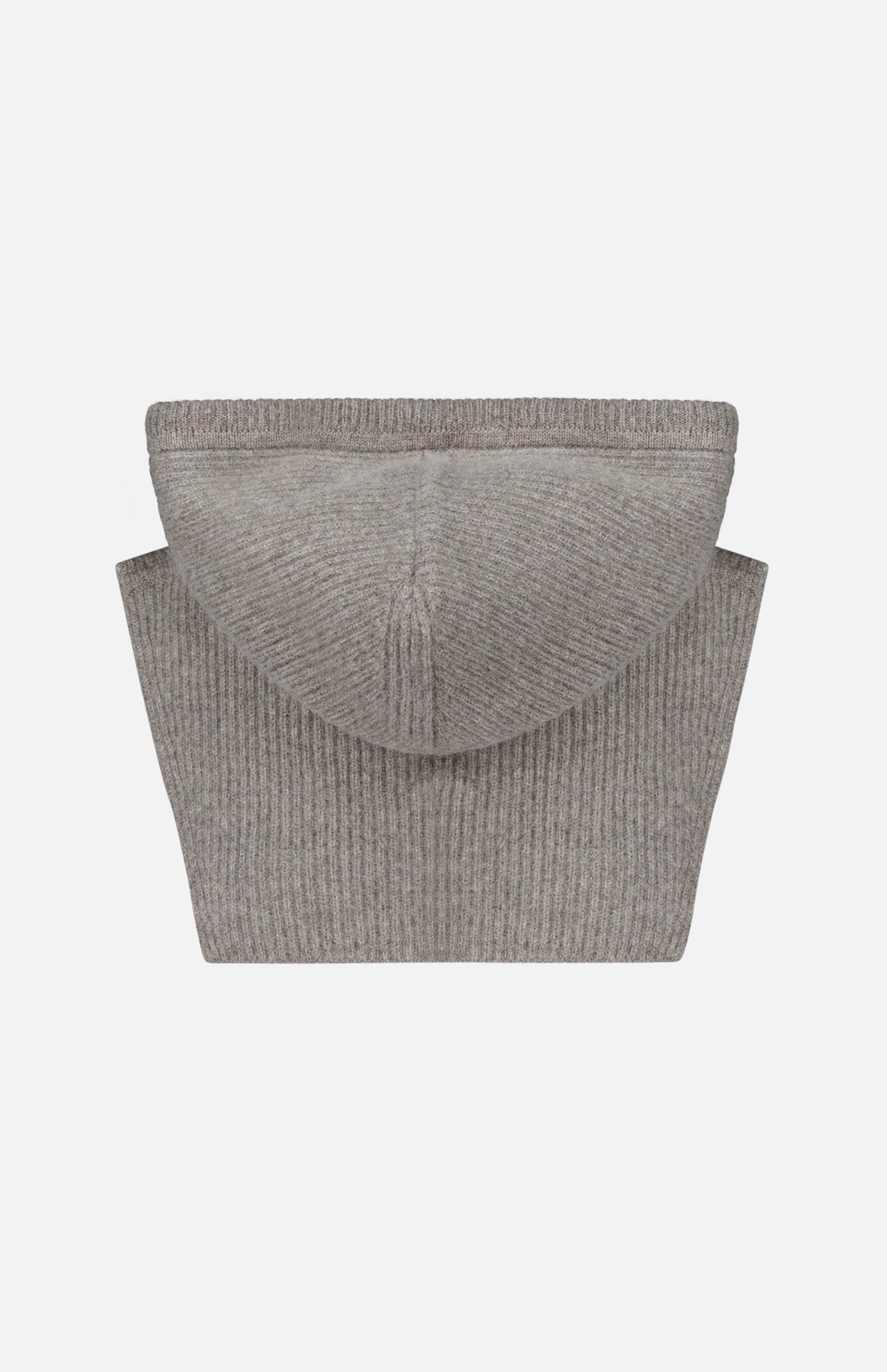 The WHITE + WARREN Cashmere Blend Balaclava is a gray ribbed knit pullover hood with a wide collar, photographed against a white background. Cozy and soft in appearance, it features a visible seam running down the center.