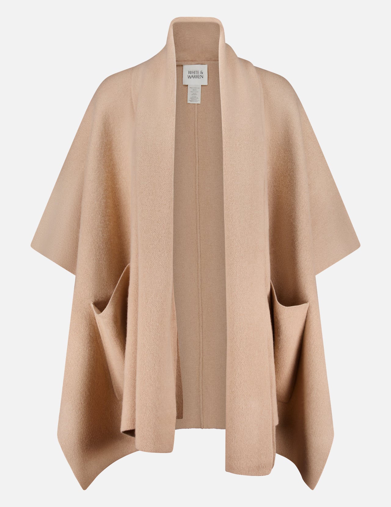 The WHITE + WARREN Cashmere Blend Poncho with Attached Scarf, shown in a camel shade on a white background, features an open-front design with wide sleeves and two spacious front pockets—an elegant women’s beige poncho that makes the perfect gift.