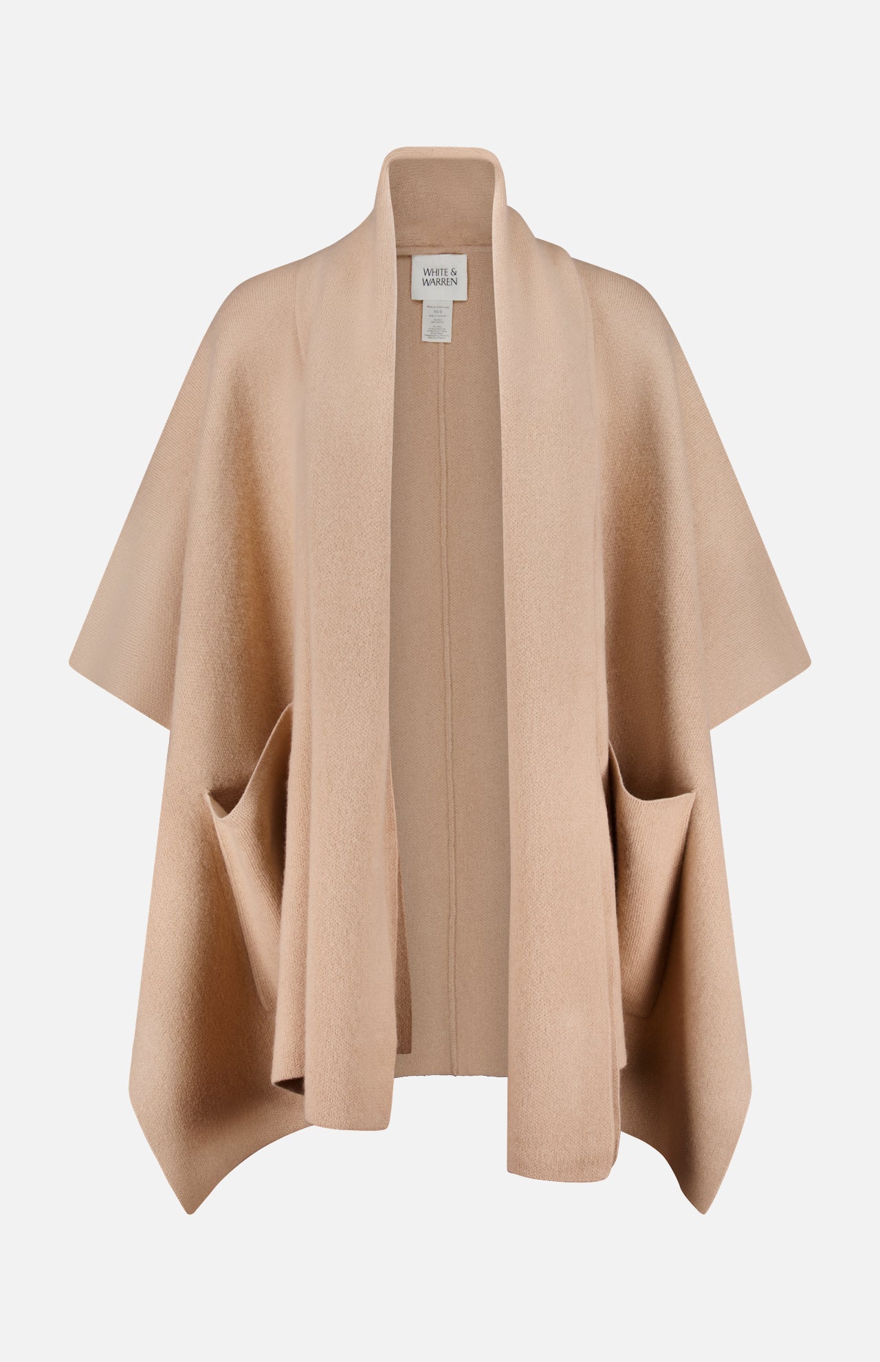 The WHITE + WARREN Cashmere Blend Poncho with Attached Scarf, shown in a camel shade on a white background, features an open-front design with wide sleeves and two spacious front pockets—an elegant women’s beige poncho that makes the perfect gift.