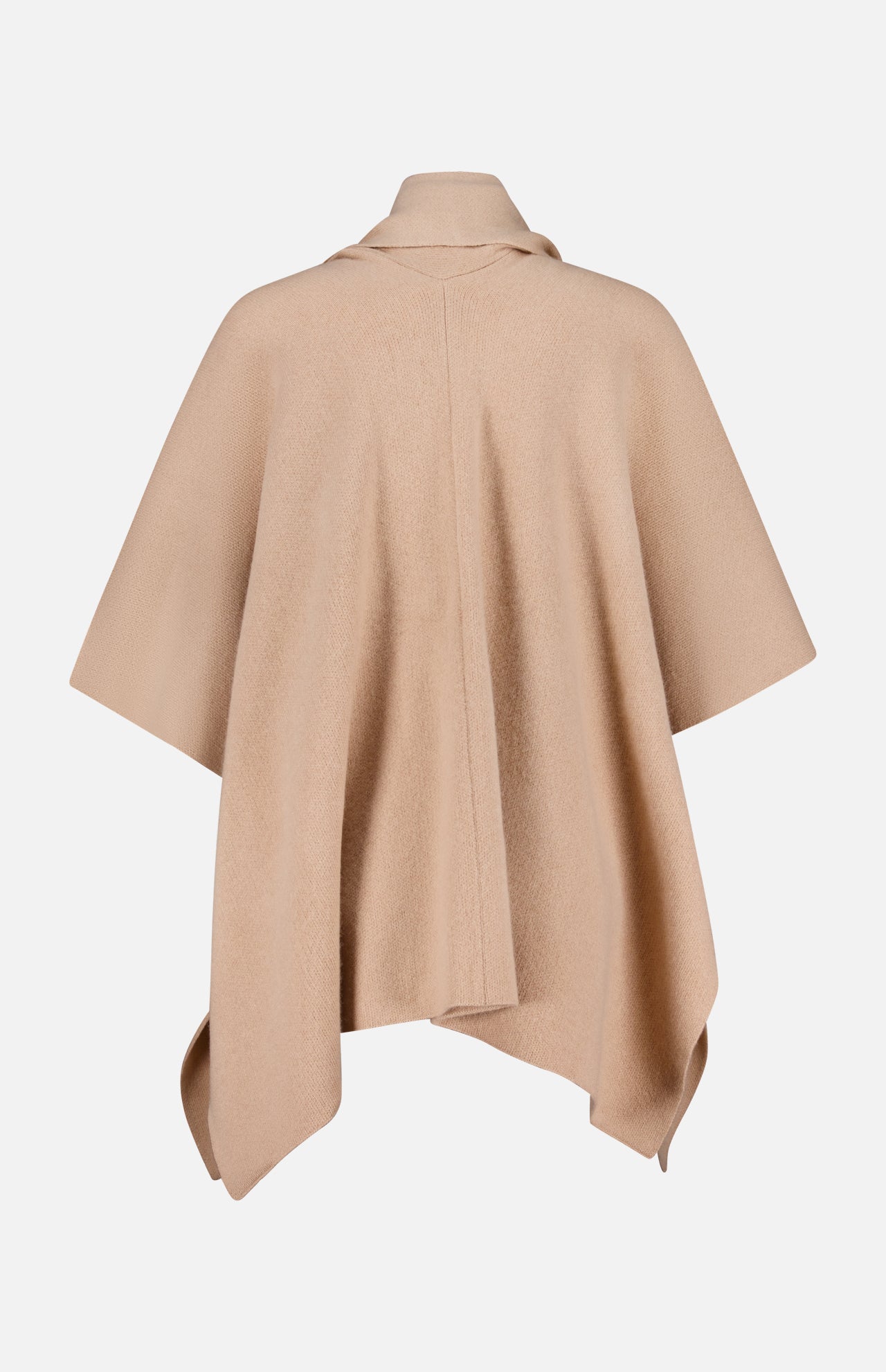 The WHITE + WARREN Cashmere Blend Poncho with Attached Scarf features a timeless beige hue, loose draped fit, short sleeves, and high collar—shown from the back against a white background—making it an elegant women’s gift.