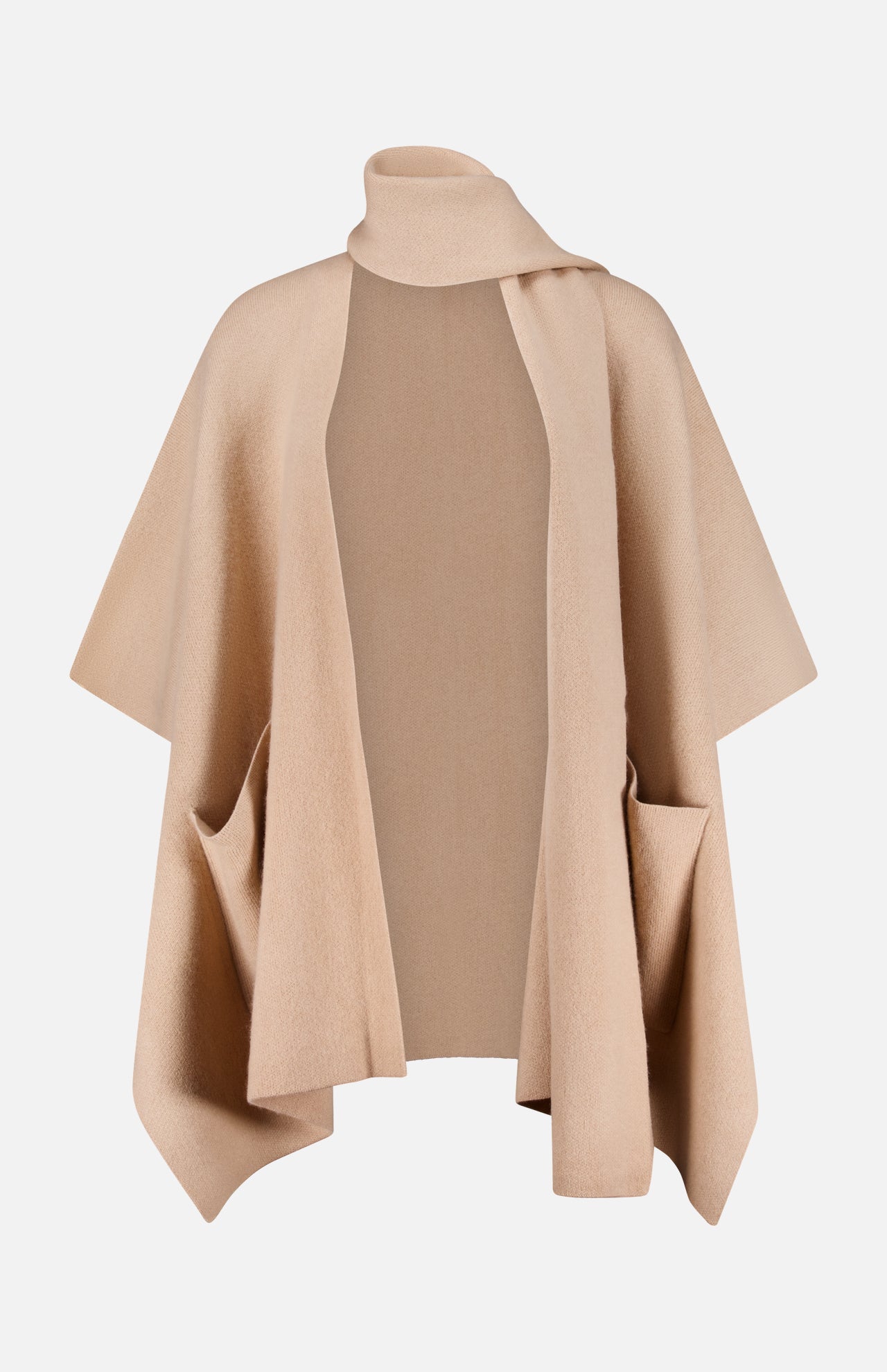 The WHITE + WARREN Cashmere Blend Poncho with Attached Scarf showcases a luxurious wool-cashmere blend in beige, designed with an open front, two spacious front pockets, and a high folded neckline, all displayed on a plain white background—an ideal women’s gift.