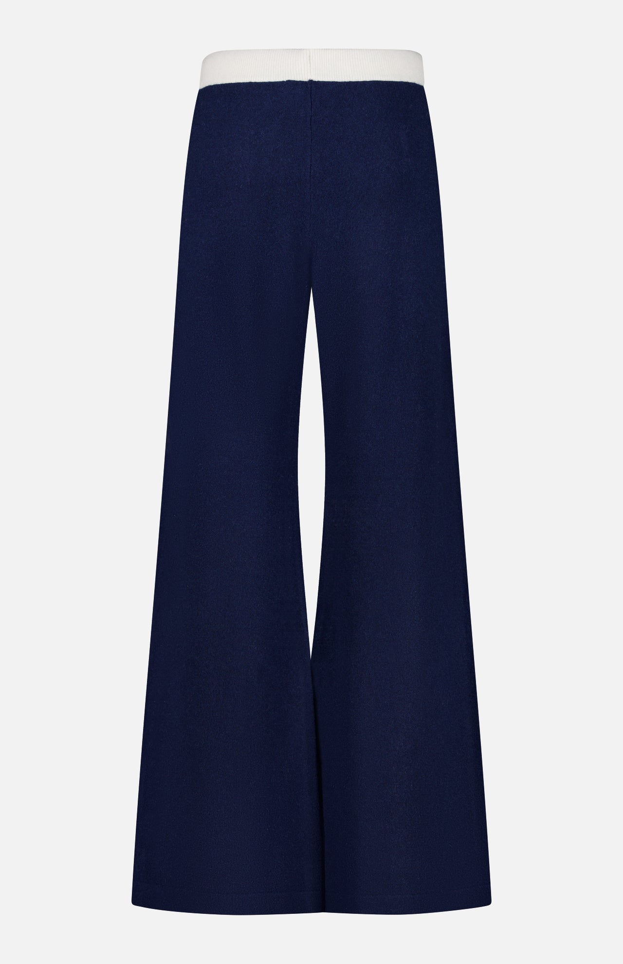 The Cashmere Blend Track Pants by WHITE + WARREN feature a wide-leg silhouette in navy with a high waist and a contrasting white drawstring waistband, displayed from the back against a plain white background.