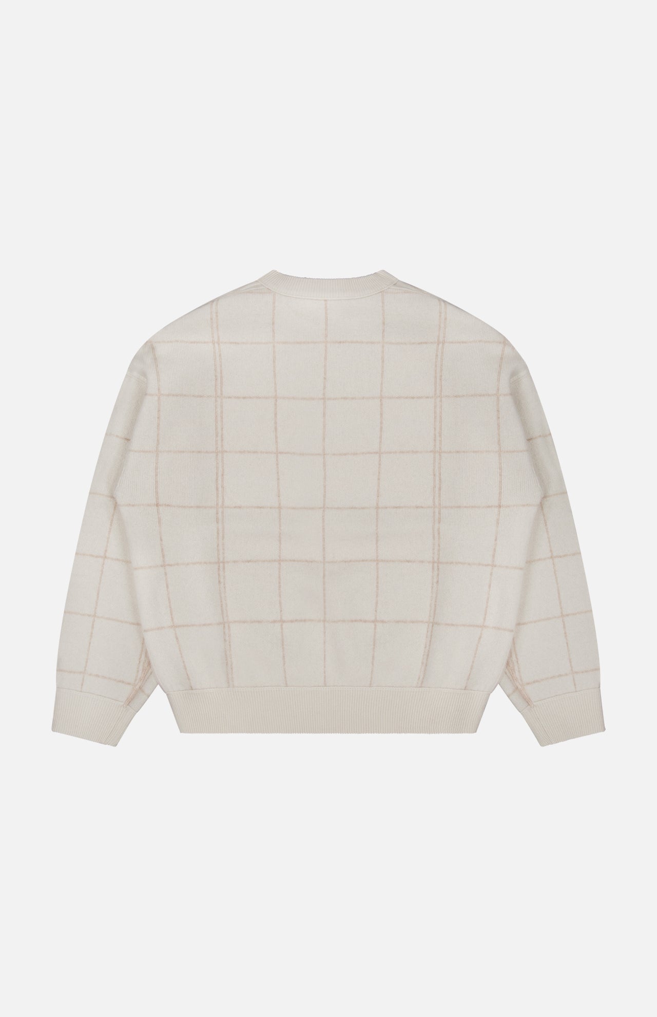 The Cashmere Blend Windowpane Sweater by WHITE + WARREN is shown flat with the back facing up. This cream-colored knit top features a subtle light beige windowpane grid pattern, long sleeves, and ribbed cuffs, hem, and neckline for a cozy finish.