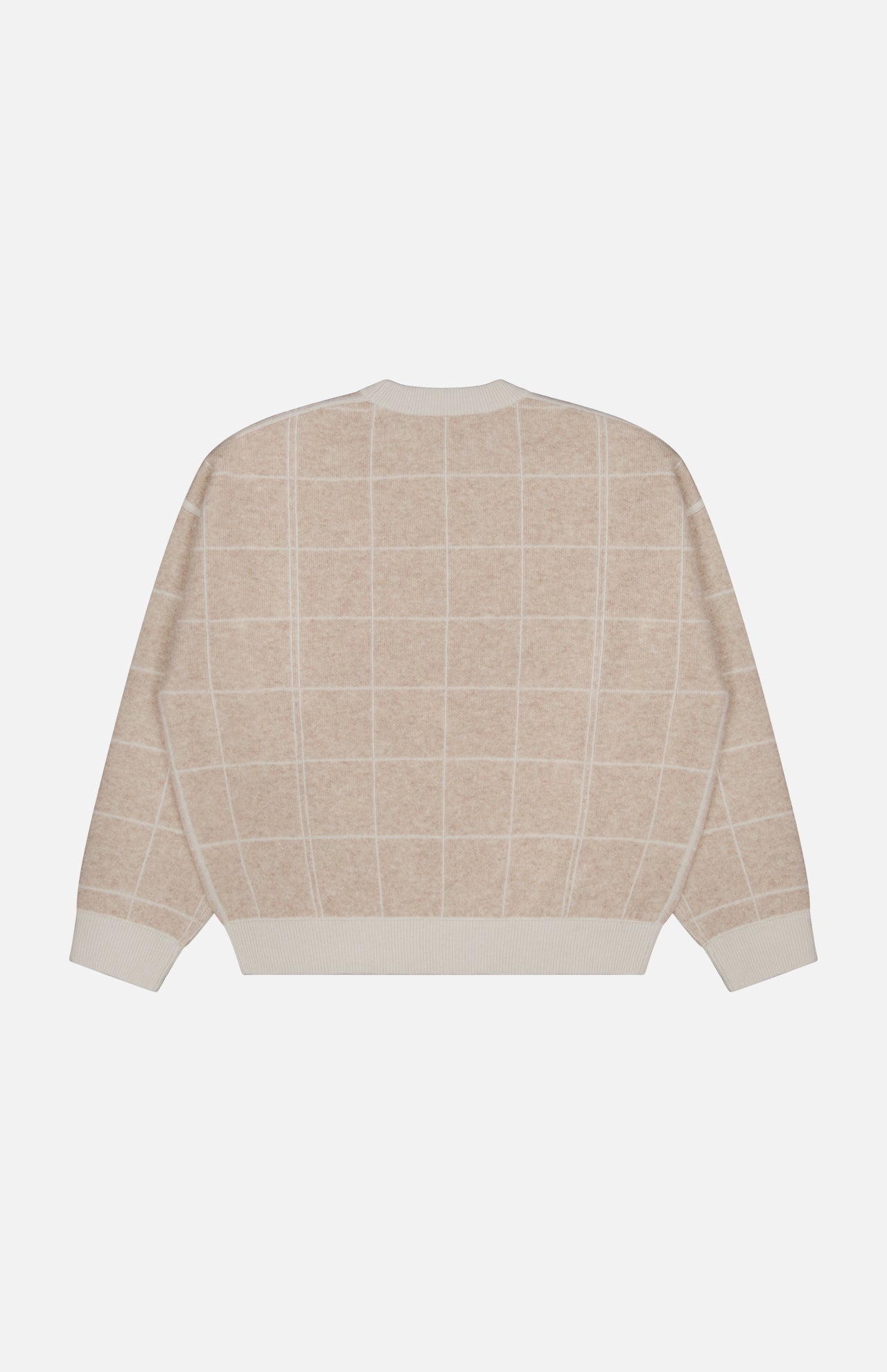 The WHITE + WARREN Cashmere Blend Windowpane Sweater, displayed flat against a white background, features a beige hue with a white grid pattern and is crafted from a cozy wool-cashmere blend with long sleeves and ribbed cuffs, collar, and hem.