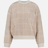 The WHITE + WARREN Cashmere Blend Windowpane Sweater features a beige long-sleeve design with a white grid pattern and is finished with ribbed crew neckline, cuffs, and waistband, shown against a plain white background.