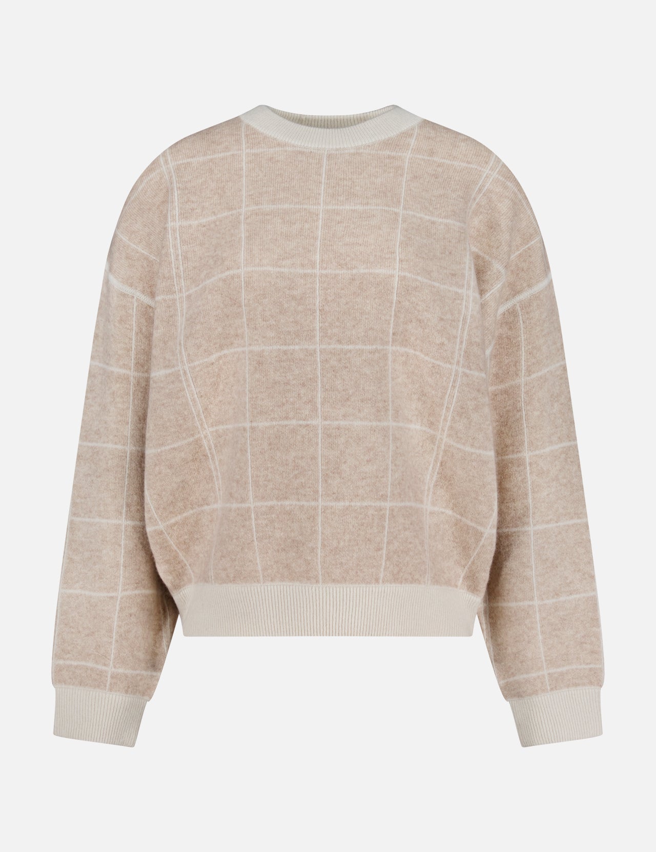 The WHITE + WARREN Cashmere Blend Windowpane Sweater features a beige long-sleeve design with a white grid pattern and is finished with ribbed crew neckline, cuffs, and waistband, shown against a plain white background.