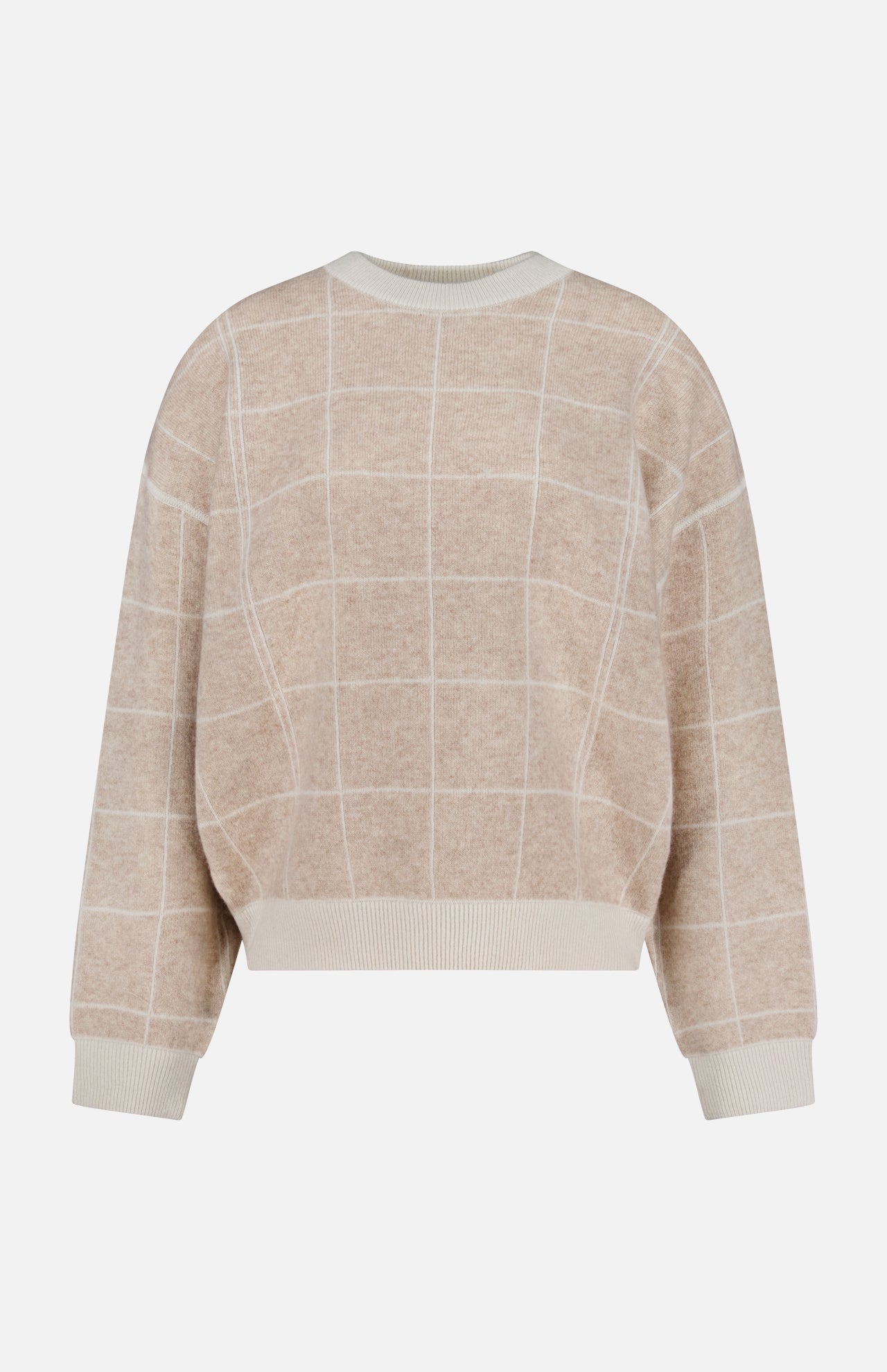 The WHITE + WARREN Cashmere Blend Windowpane Sweater features a beige long-sleeve design with a white grid pattern and is finished with ribbed crew neckline, cuffs, and waistband, shown against a plain white background.