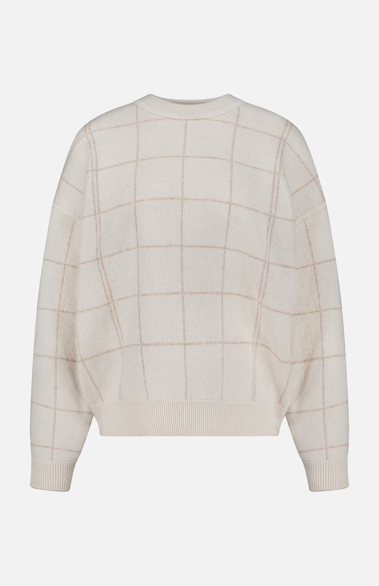 The WHITE + WARREN Cashmere Blend Windowpane Sweater is a cream-colored wool-cashmere blend featuring a light beige windowpane plaid pattern, long sleeves, and ribbed cuffs and hem. The sweater is shown laid flat against a white background.