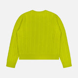 Laid flat with the back side visible, the WHITE + WARREN Cashmere Cable Crewneck Sweater appears in a bright yellow-green citrus shade. This long-sleeved sweater features a round neckline complemented by ribbed cuffs and hem.