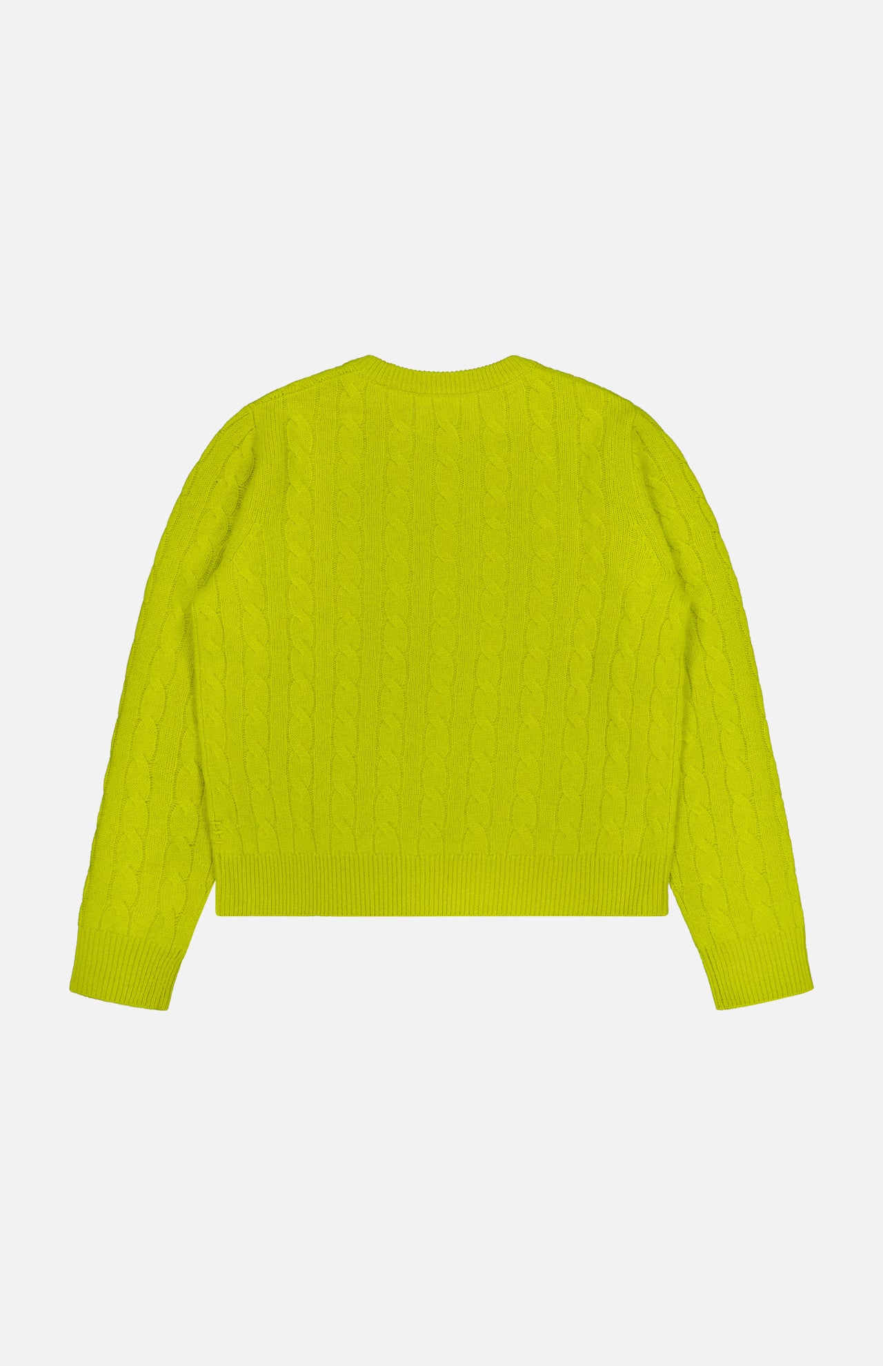 Laid flat with the back side visible, the WHITE + WARREN Cashmere Cable Crewneck Sweater appears in a bright yellow-green citrus shade. This long-sleeved sweater features a round neckline complemented by ribbed cuffs and hem.