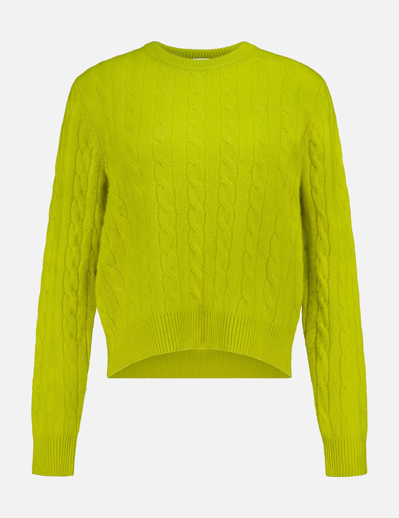The WHITE + WARREN Cashmere Cable Crewneck Sweater, in a vibrant yellow-green hue inspired by citrus, features long sleeves, a crew neckline, and a slightly cropped high-low hem. The sweater is showcased against a plain white background.