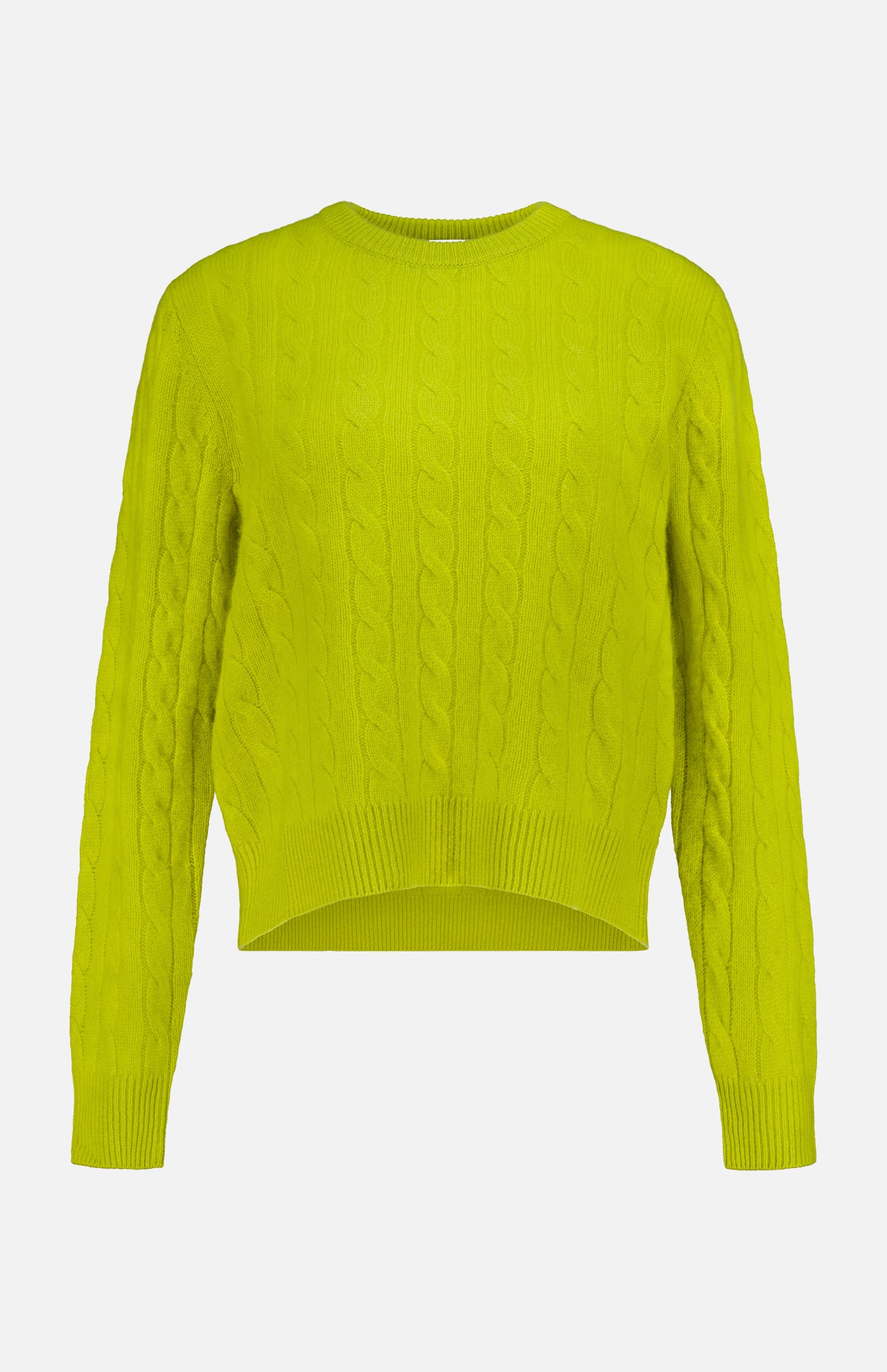 The WHITE + WARREN Cashmere Cable Crewneck Sweater, in a vibrant yellow-green hue inspired by citrus, features long sleeves, a crew neckline, and a slightly cropped high-low hem. The sweater is showcased against a plain white background.