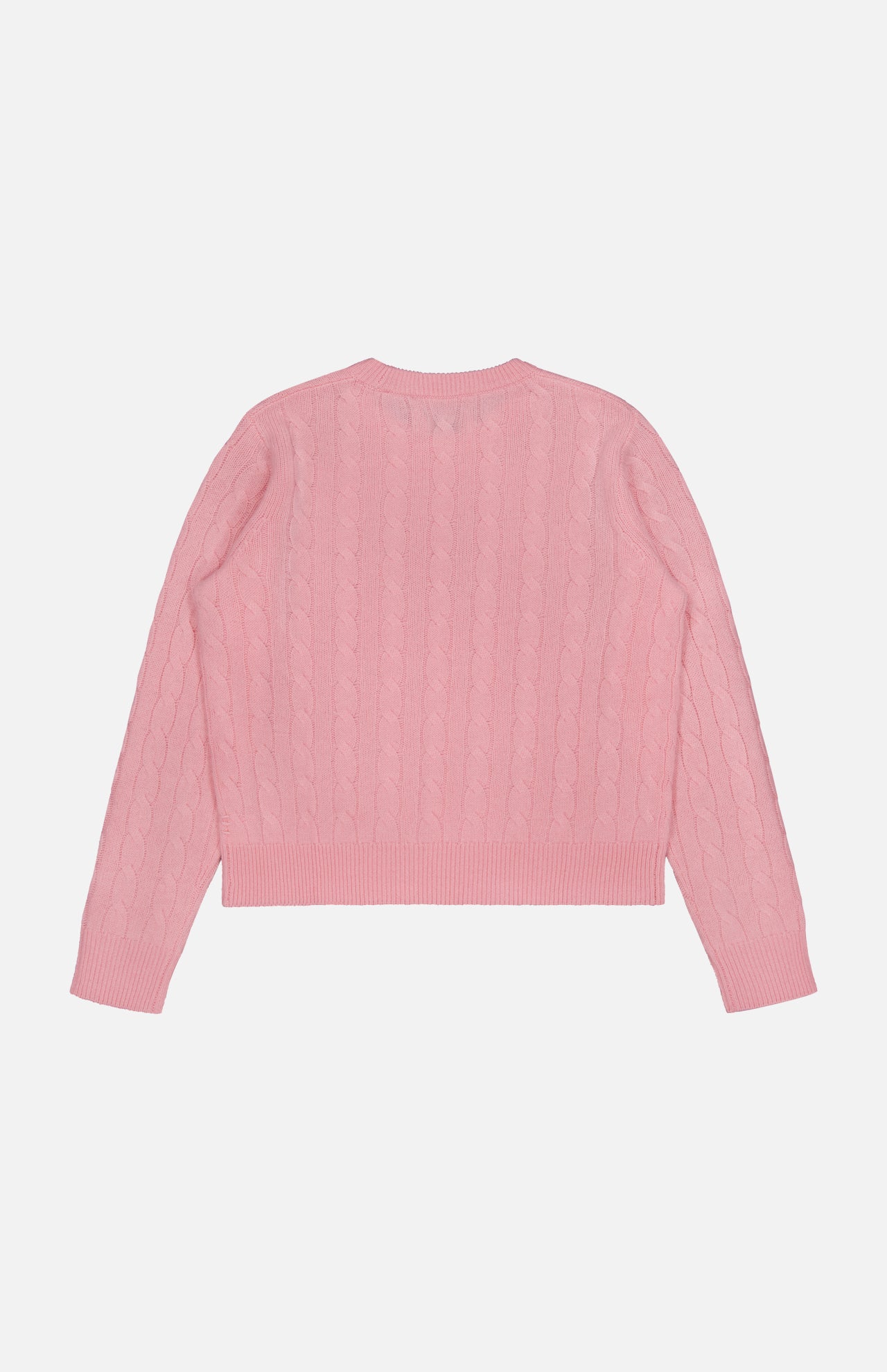 The WHITE + WARREN Cashmere Cable Crewneck Sweater in light pink is laid flat on a white background, displaying the back side.