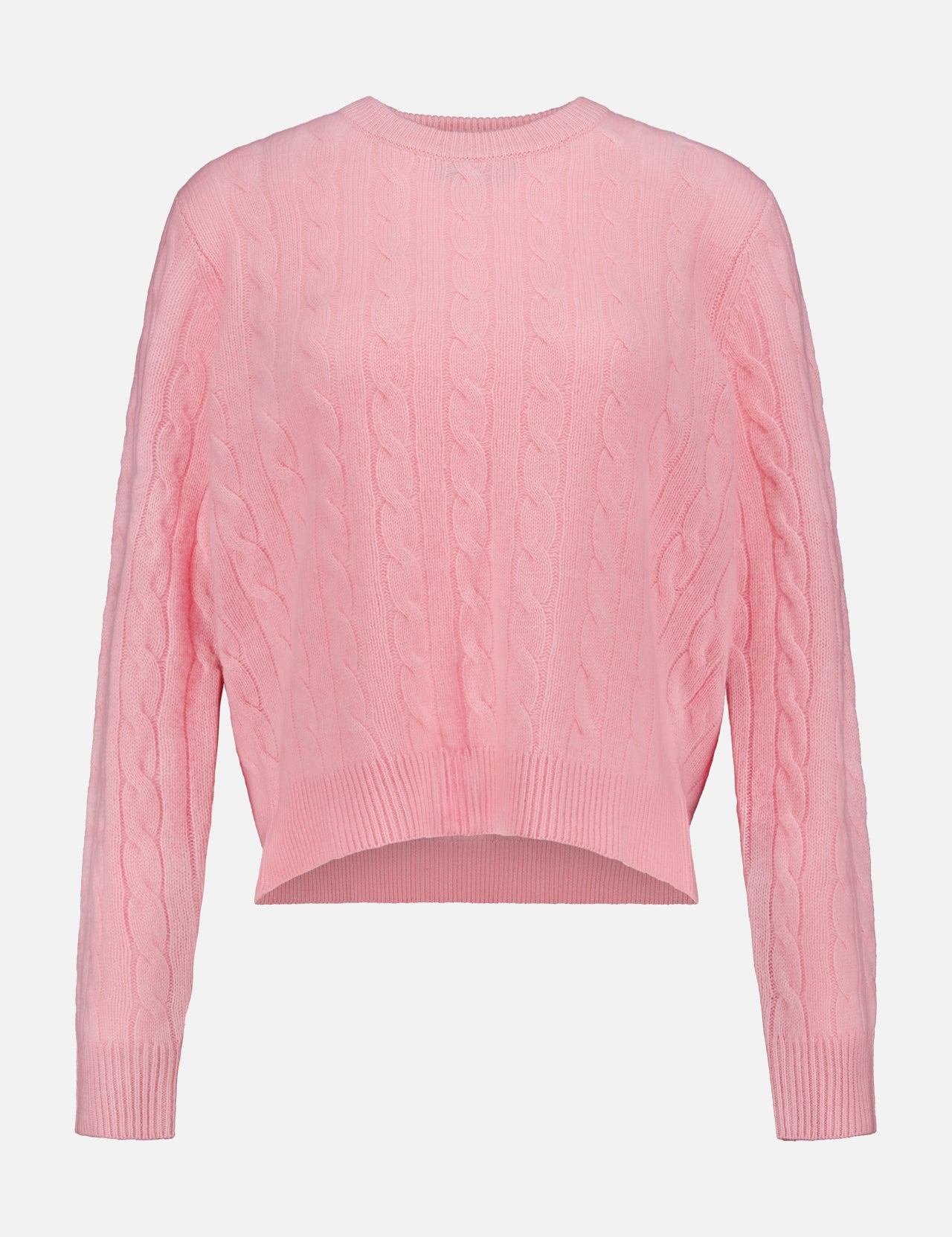 The WHITE + WARREN Cashmere Cable Crewneck Sweater in light pink features long sleeves and a classic cableknit design, finished with ribbed cuffs, hem, and neckline; shown against a plain white background.