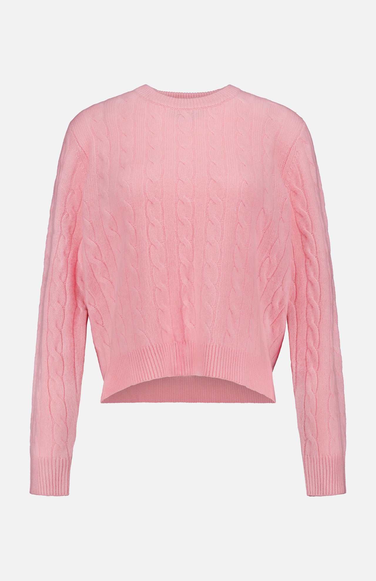 The WHITE + WARREN Cashmere Cable Crewneck Sweater in light pink features long sleeves and a classic cableknit design, finished with ribbed cuffs, hem, and neckline; shown against a plain white background.