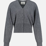 The WHITE + WARREN Cashmere Deep V-neck Cardigan is a gray, long-sleeve, cropped cardigan featuring a button-down front, shown against a plain white background.